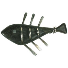 Modernist Wood and Sterling Atomic Fish Brooch