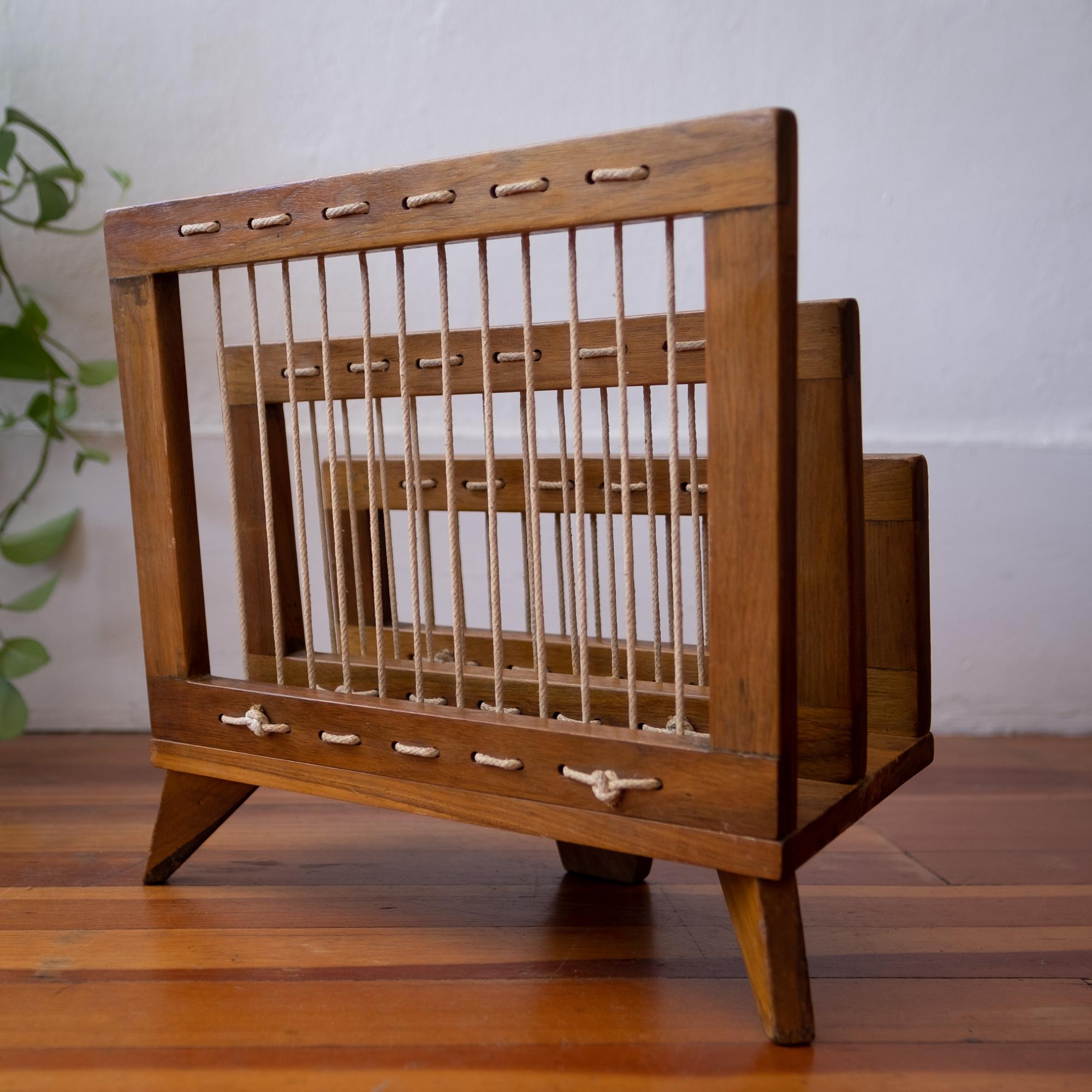 Mid-Century Modern Modernist Wood and String Magazine Rack, 1950s