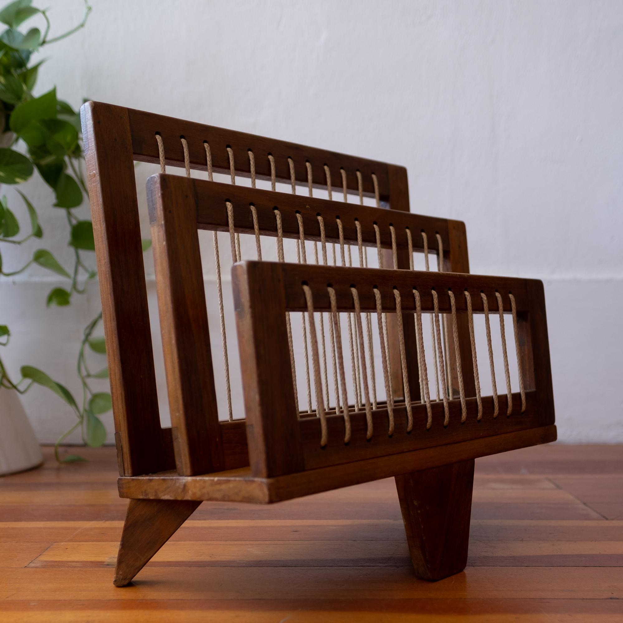 American Modernist Wood and String Magazine Rack, 1950s