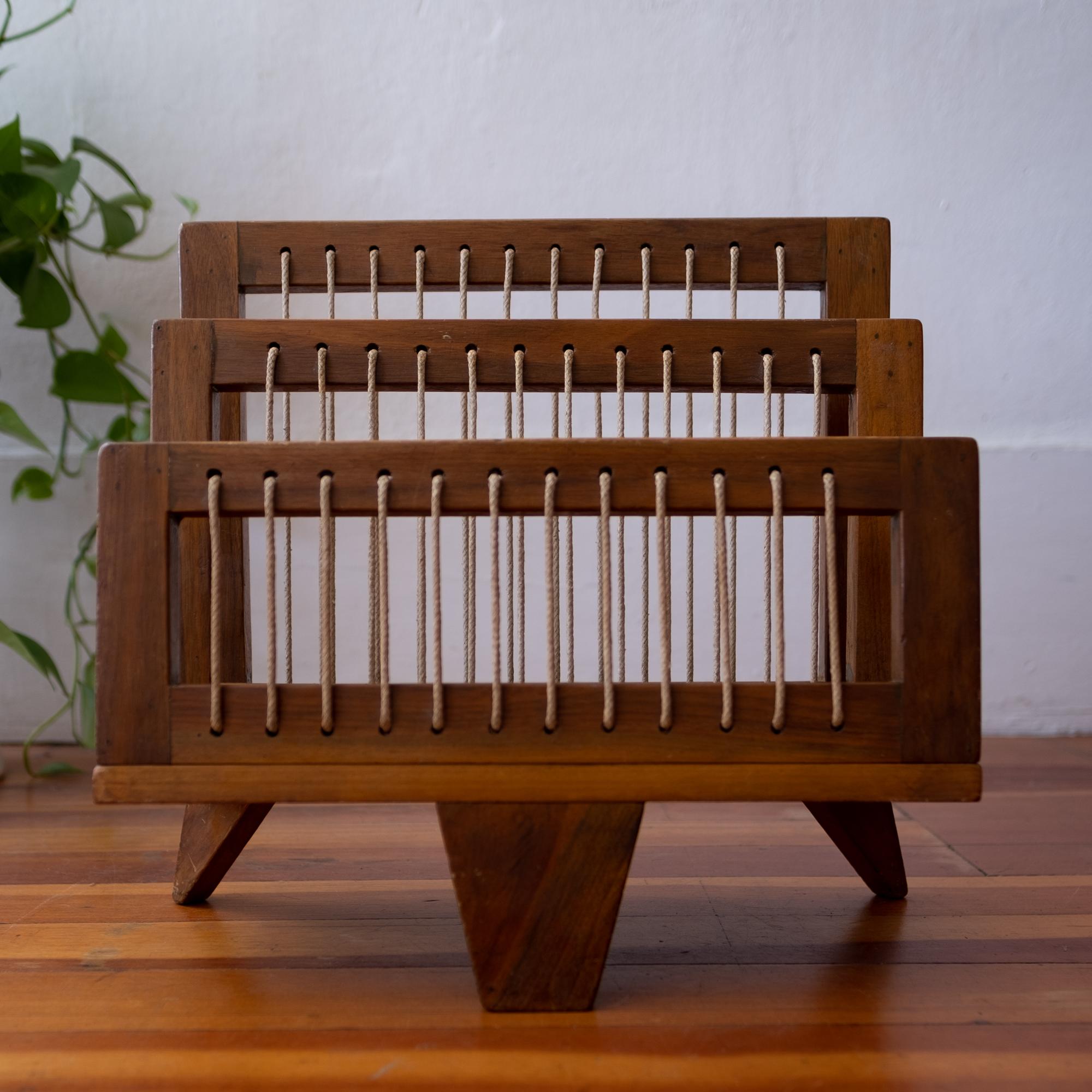 Modernist Wood and String Magazine Rack, 1950s In Good Condition In San Diego, CA