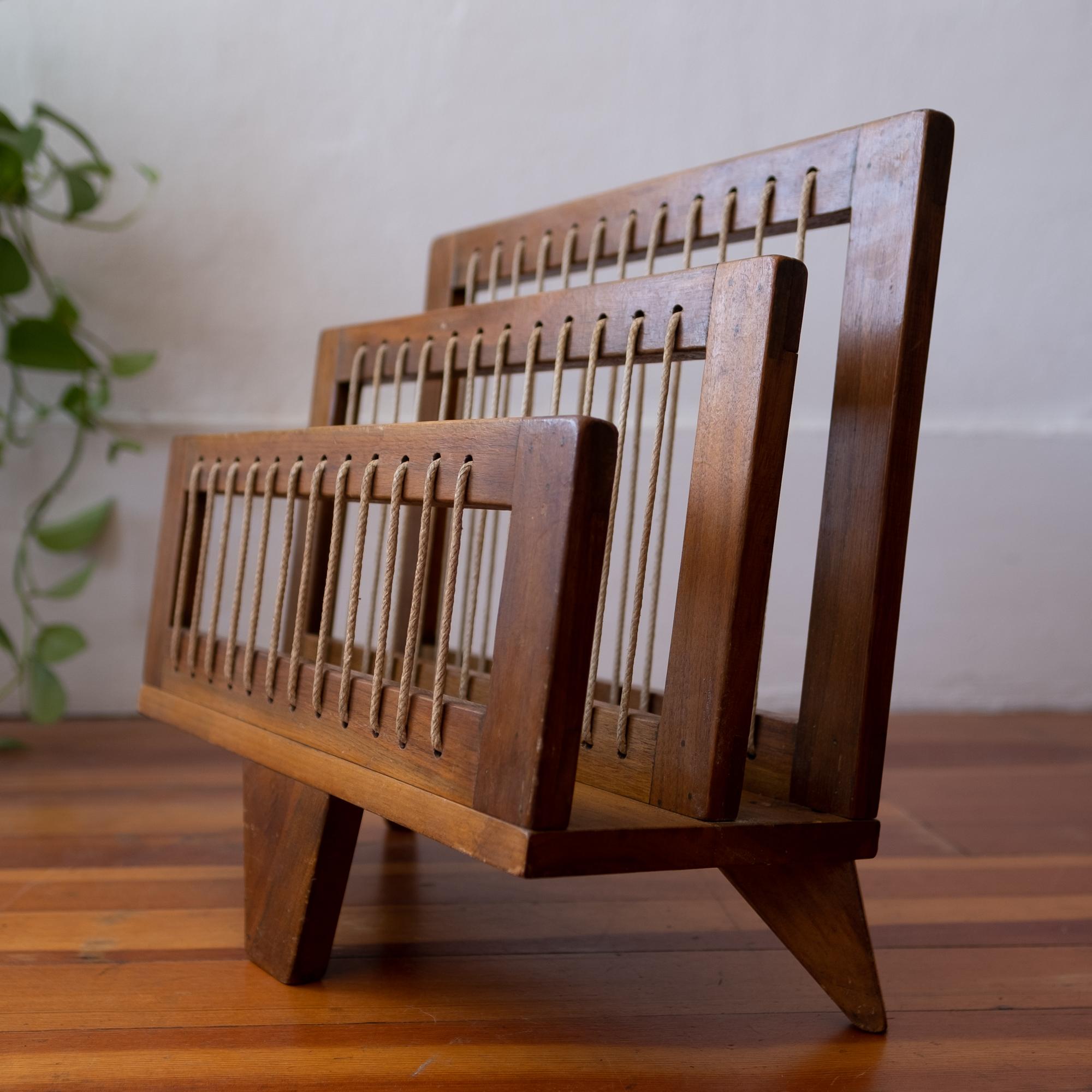 Mid-20th Century Modernist Wood and String Magazine Rack, 1950s