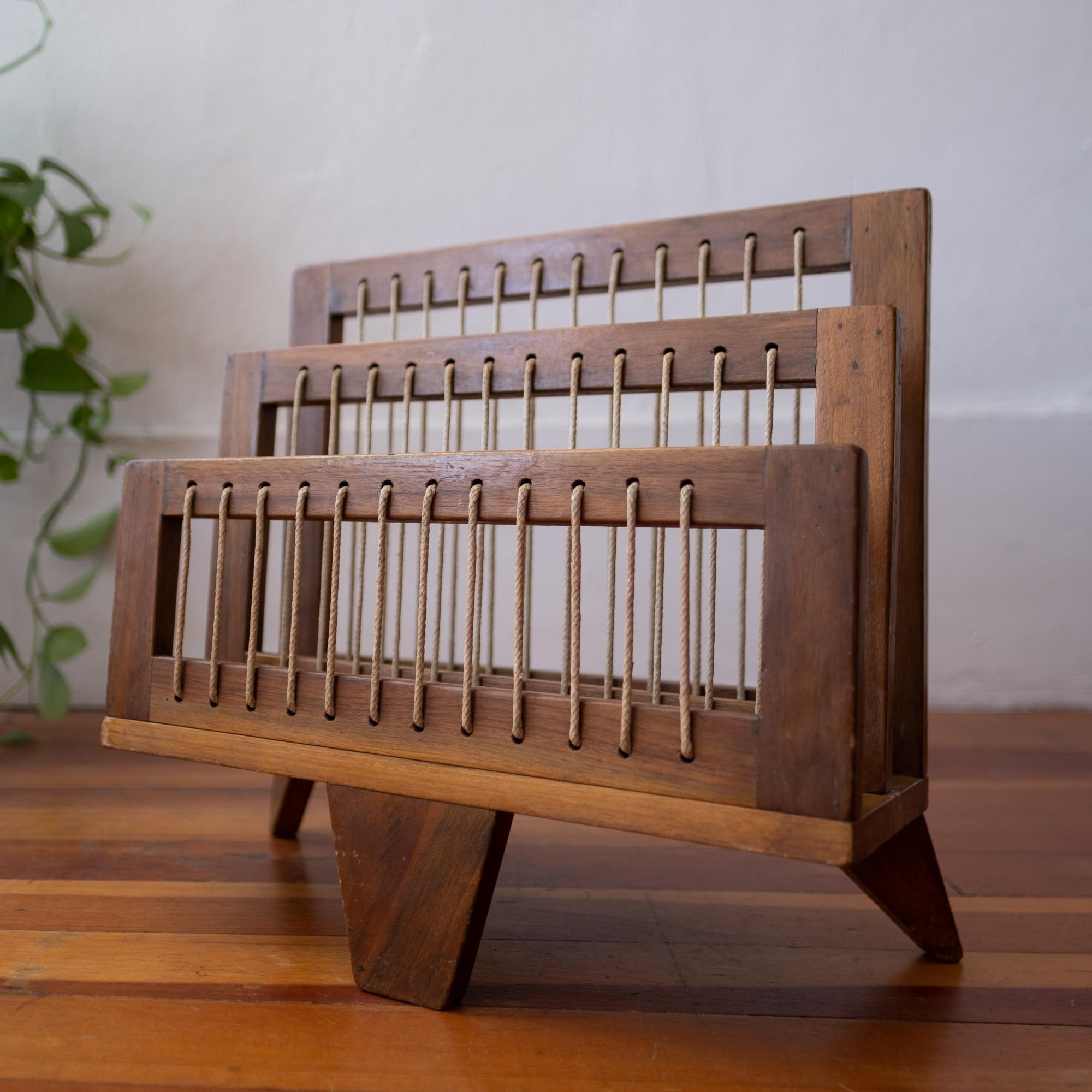 Rope Modernist Wood and String Magazine Rack, 1950s