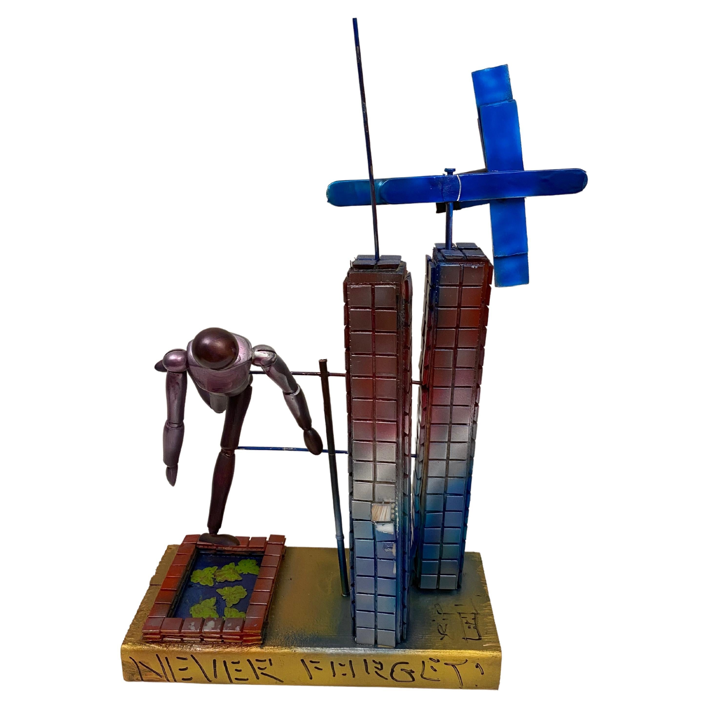 Modernist Wood Sculpture Dedicated to 911 Titled "Never Forget", Signed For Sale