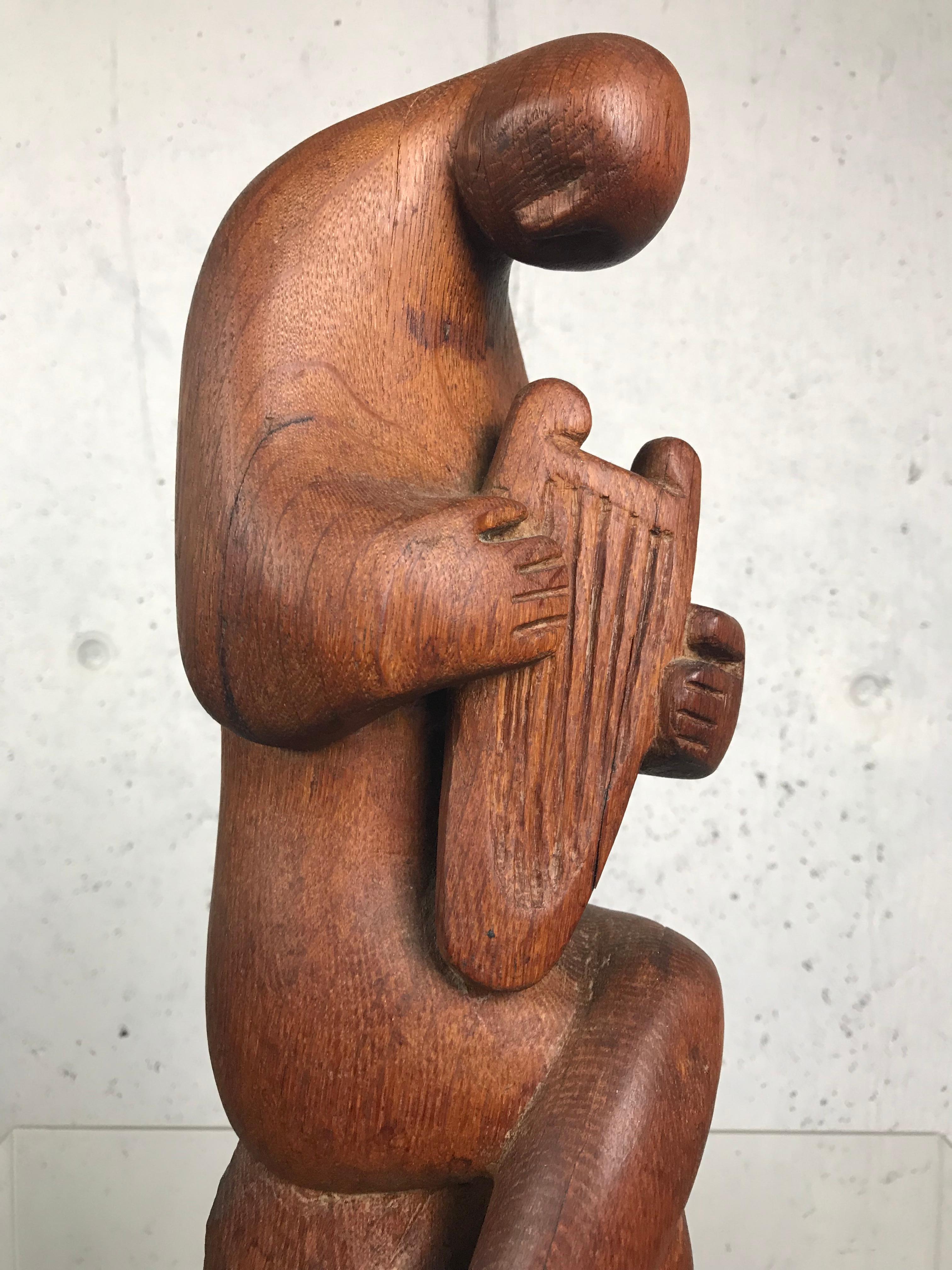 Modernist Wood Sculpture Harp Player Musician Figure Mid-Century Modern Art 4