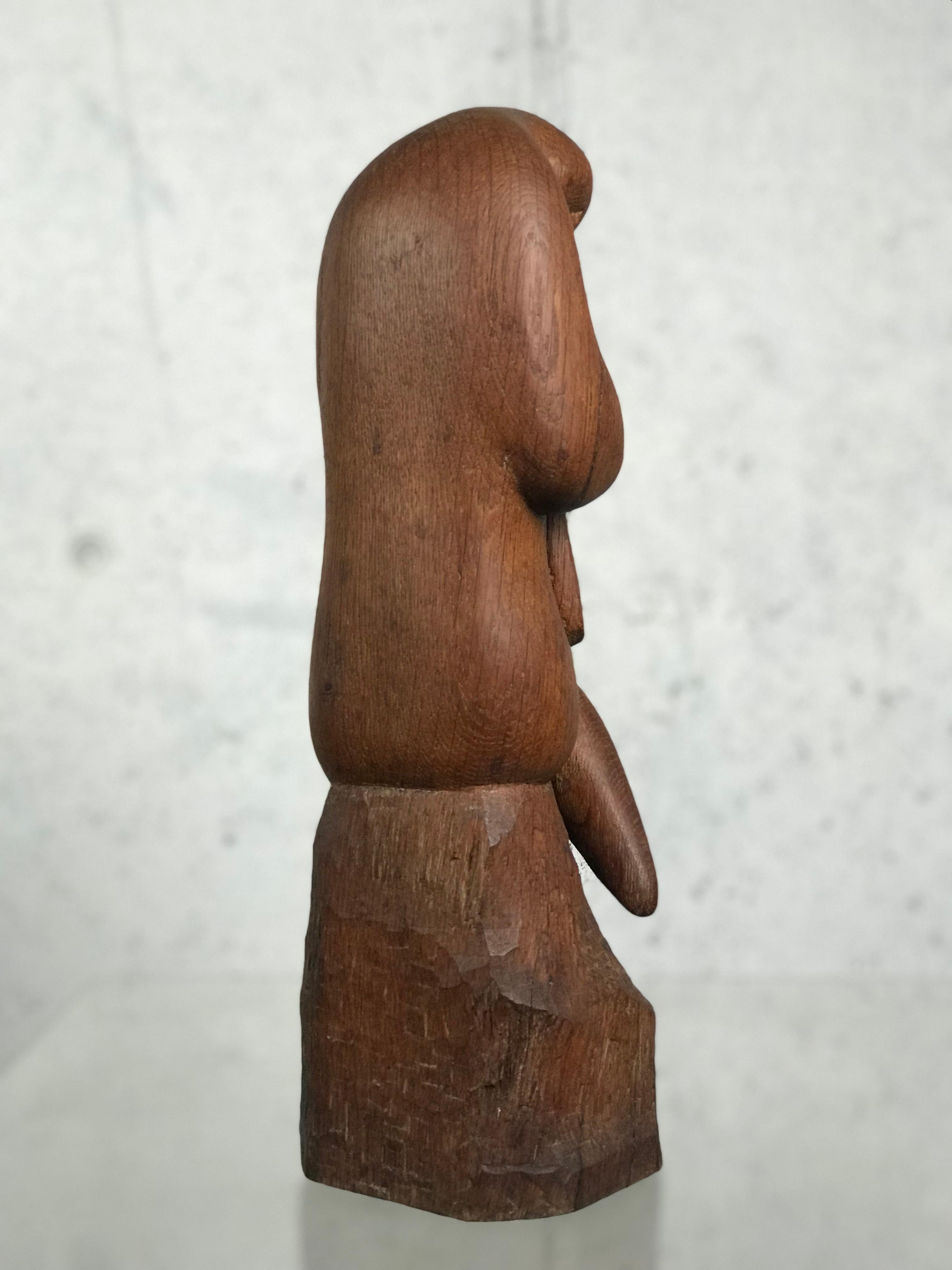 Carved Modernist Wood Sculpture Harp Player Musician Figure Mid-Century Modern Art