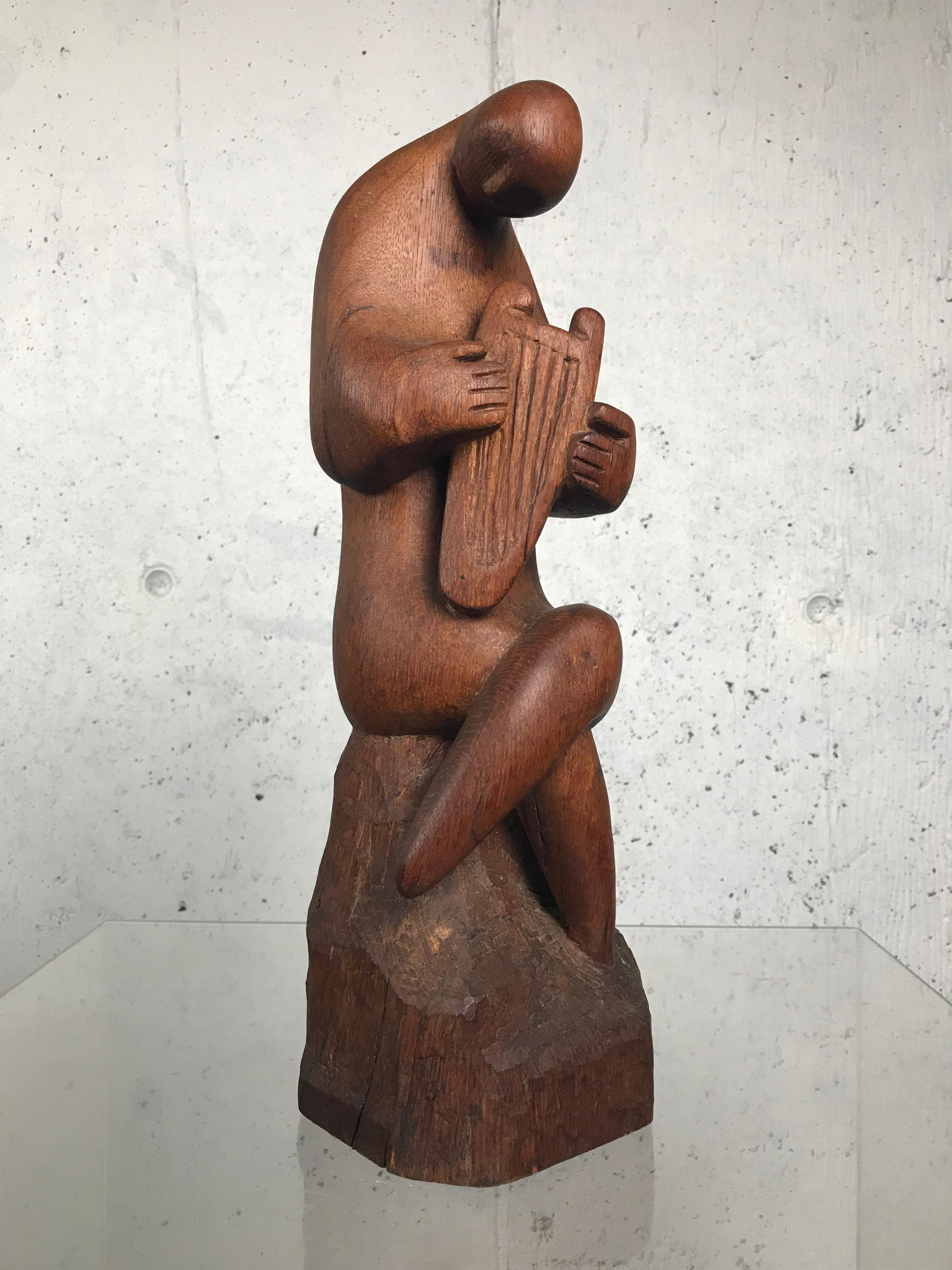 Mid-20th Century Modernist Wood Sculpture Harp Player Musician Figure Mid-Century Modern Art