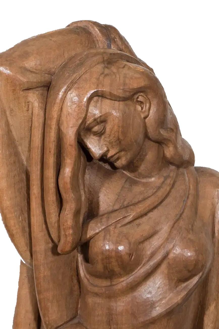 Americano Scultura modernista in legno di una donna con gatto, attribuita ad Albert Wein, ca. 1940s in vendita