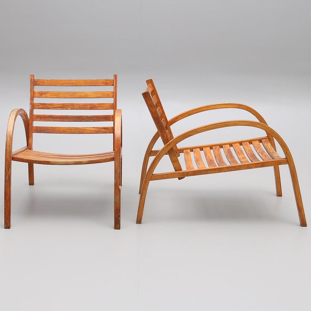 Art Deco Modernist wooden garden set of furniture pair of chairs and table 1930's For Sale