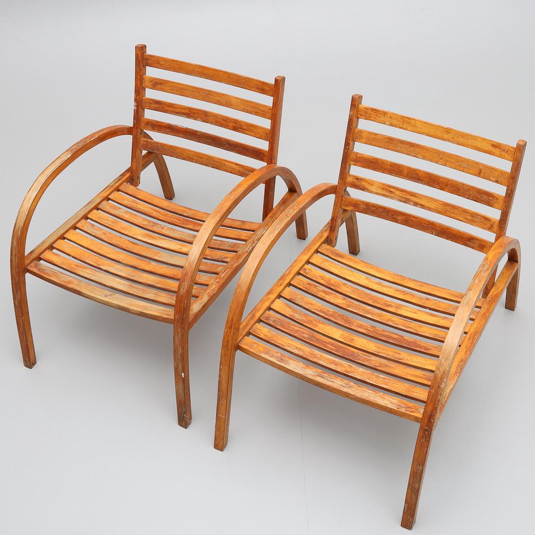 Swedish Modernist wooden garden set of furniture pair of chairs and table 1930's For Sale