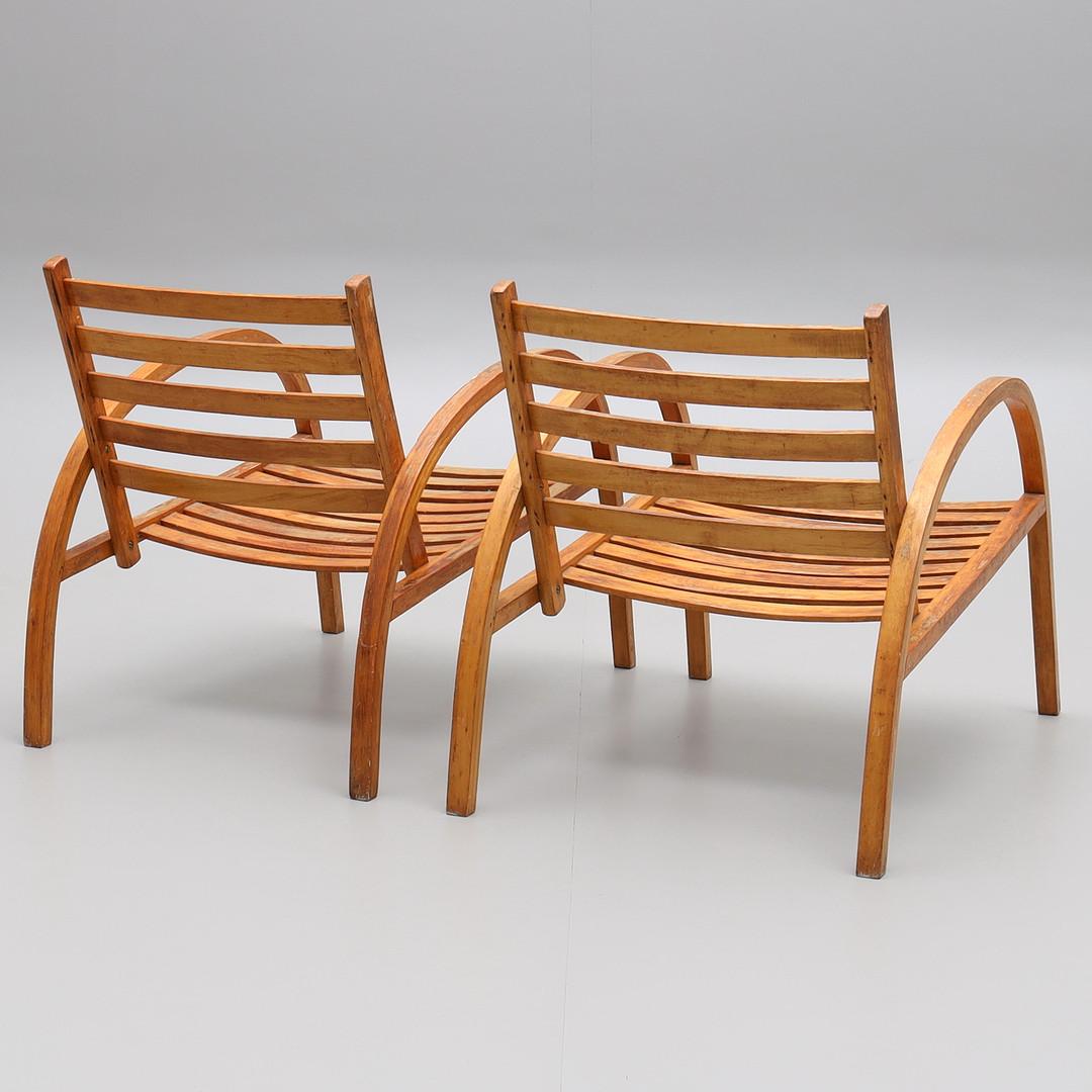 Hand-Crafted Modernist wooden garden set of furniture pair of chairs and table 1930's For Sale