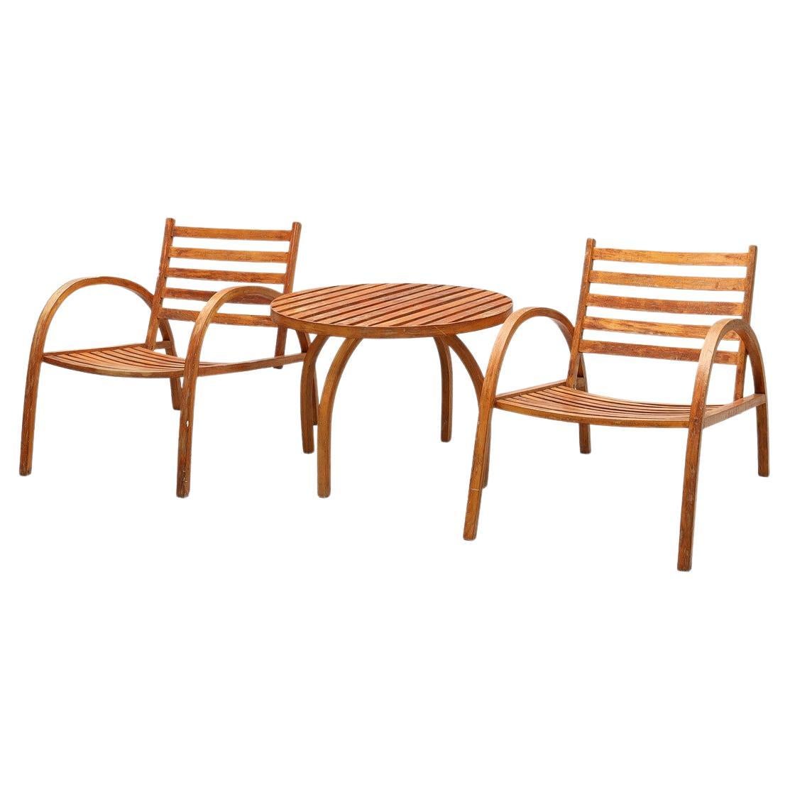 Modernist wooden garden set of furniture pair of chairs and table 1930's For Sale