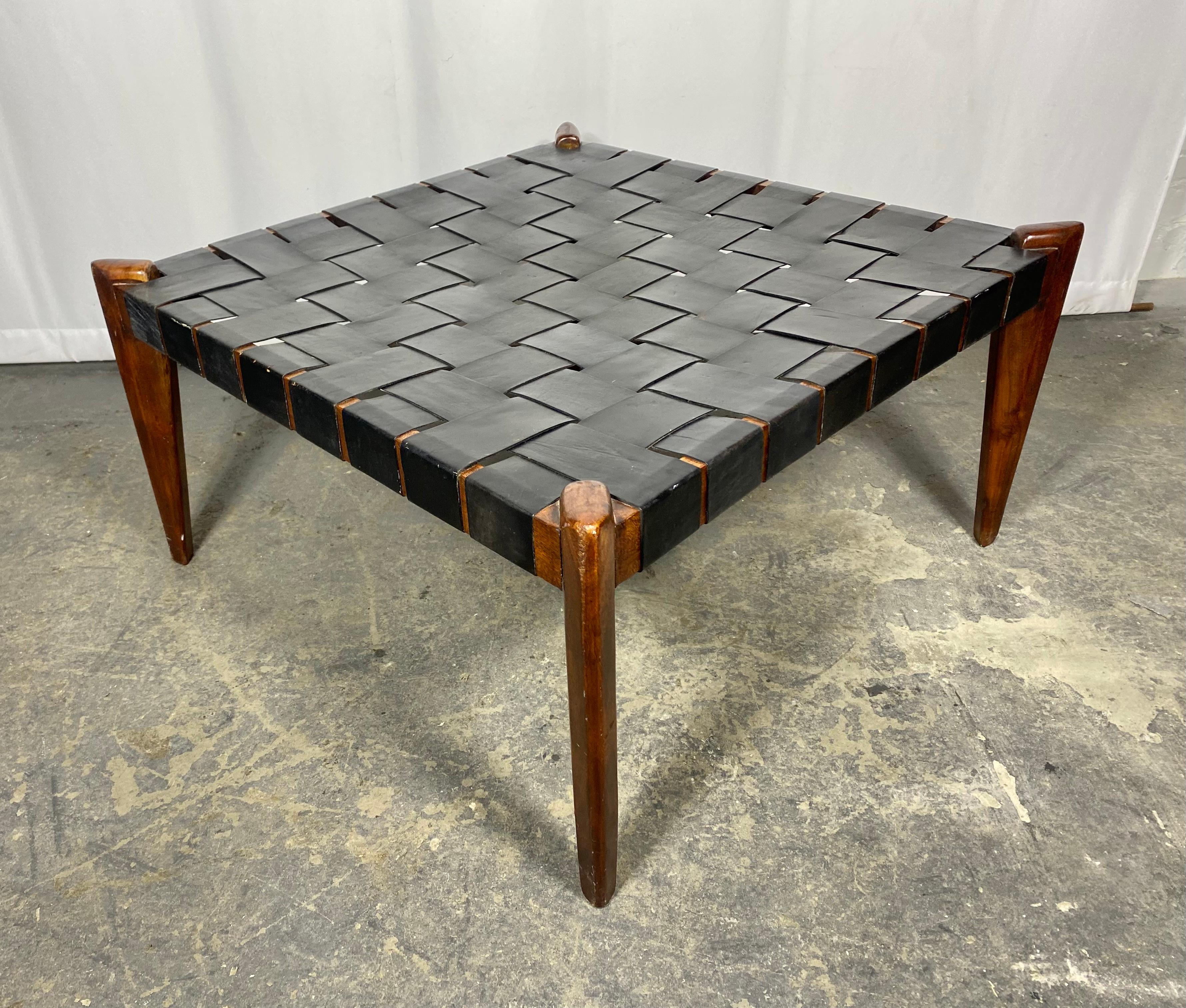  Modernist Woven Leather / Rosewood  Table , Ottoman  by Edmond Spence In Good Condition For Sale In Buffalo, NY