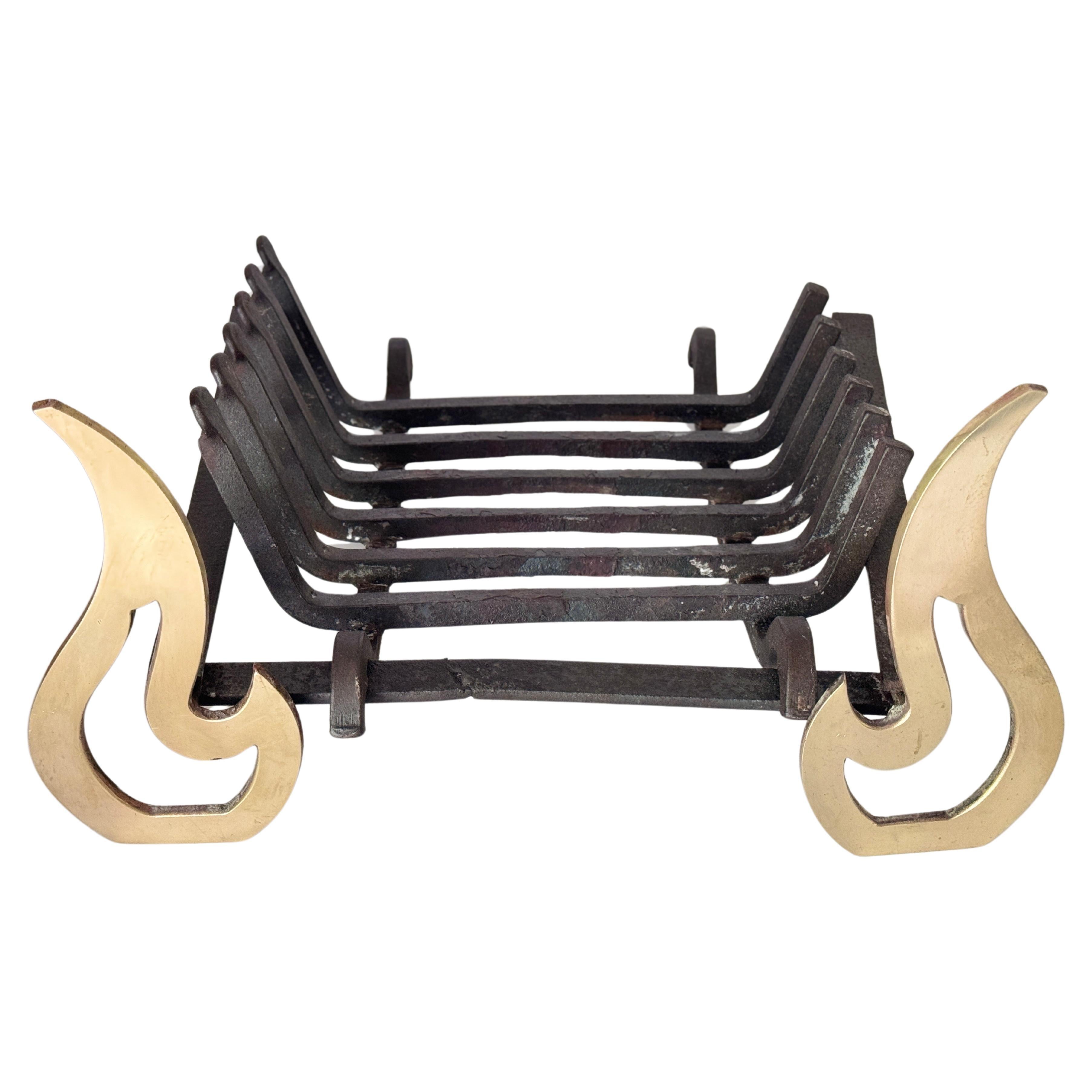 Art Deco Modernist Wrought Iron and Brass Fire Andiron For Sale