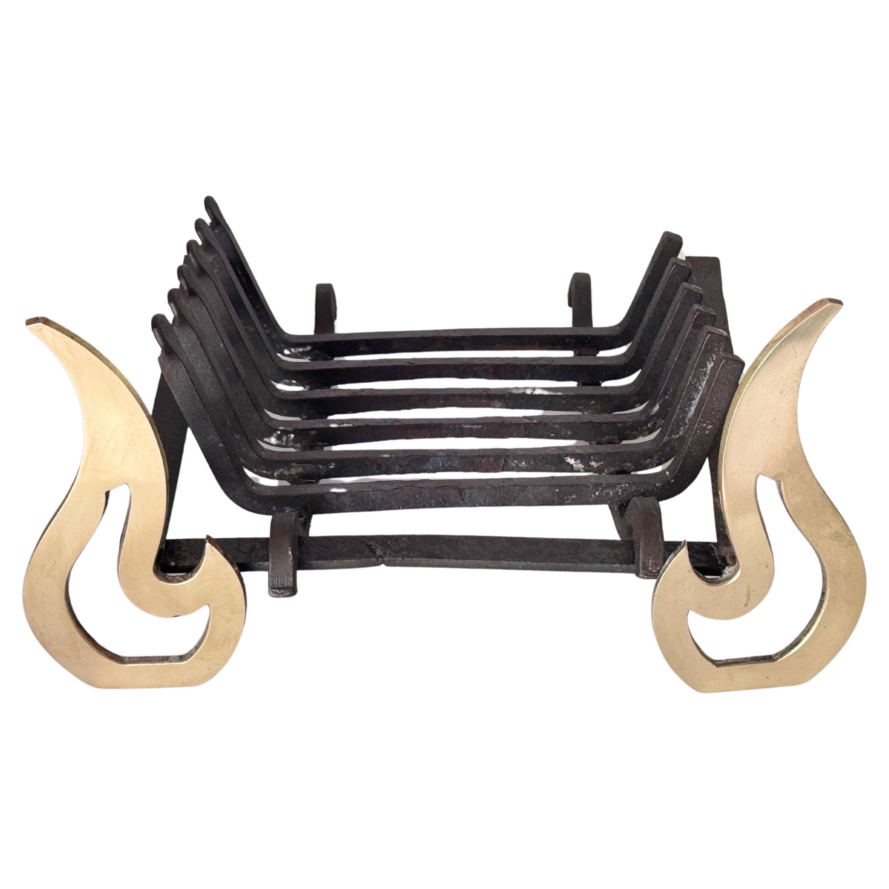 Modernist Wrought Iron and Brass Fire Andiron For Sale