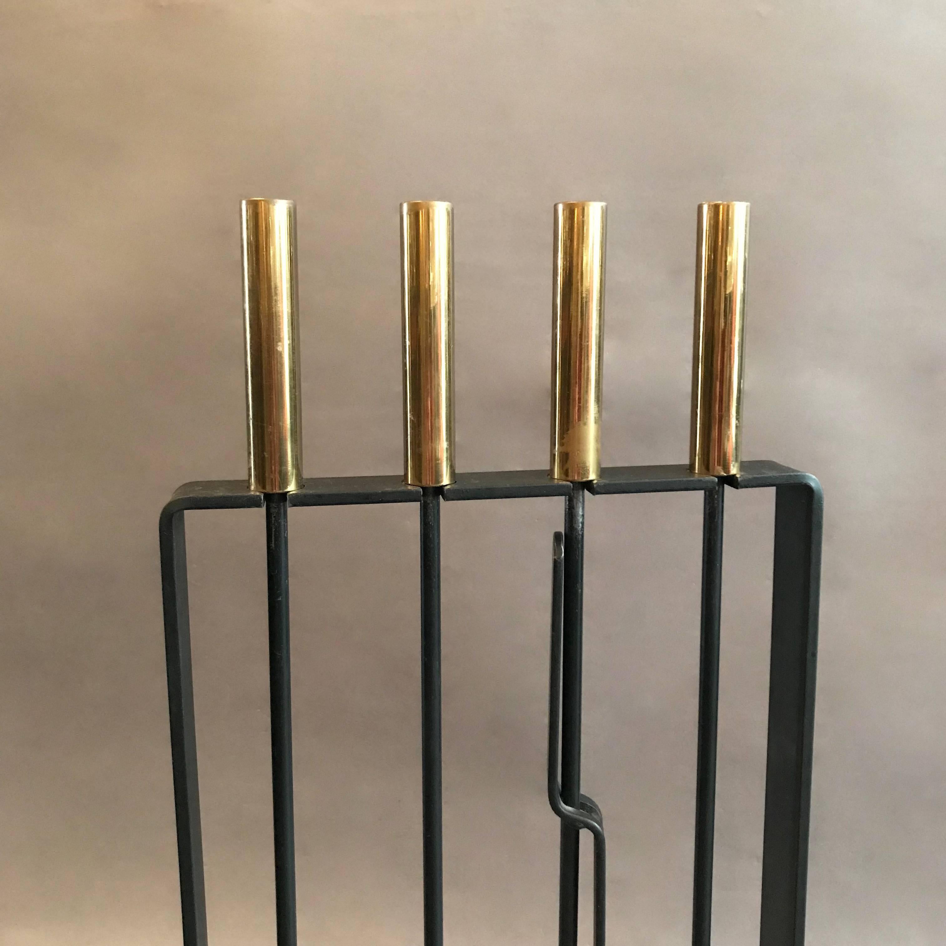 Mid-Century Modern Modernist Wrought Iron and Brass Fireplace Tools