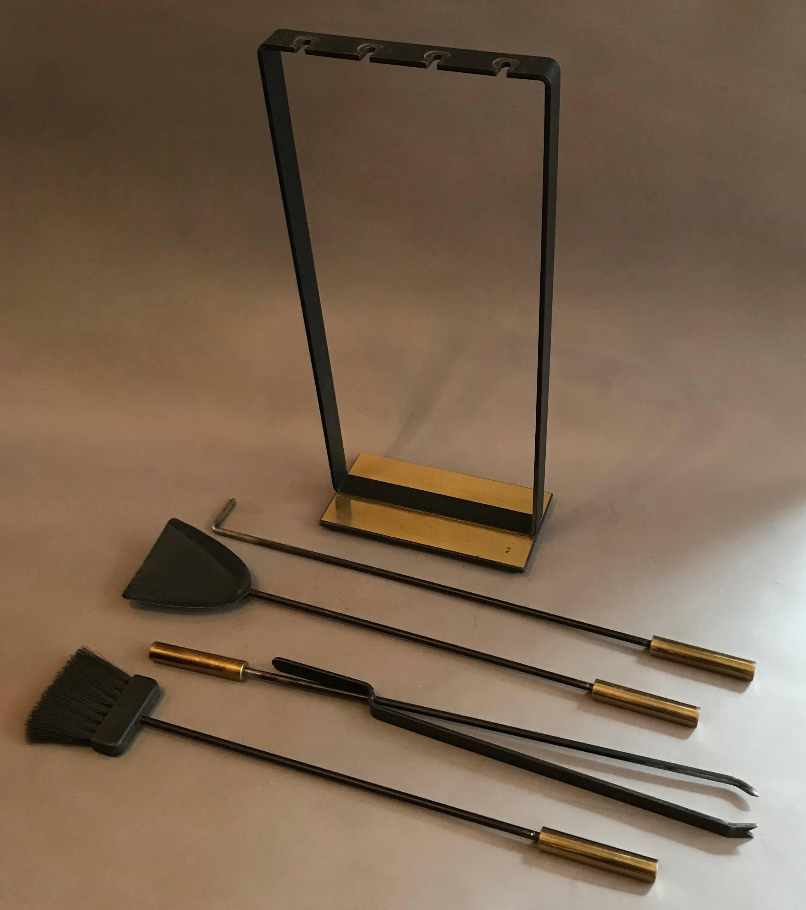 20th Century Modernist Wrought Iron and Brass Fireplace Tools