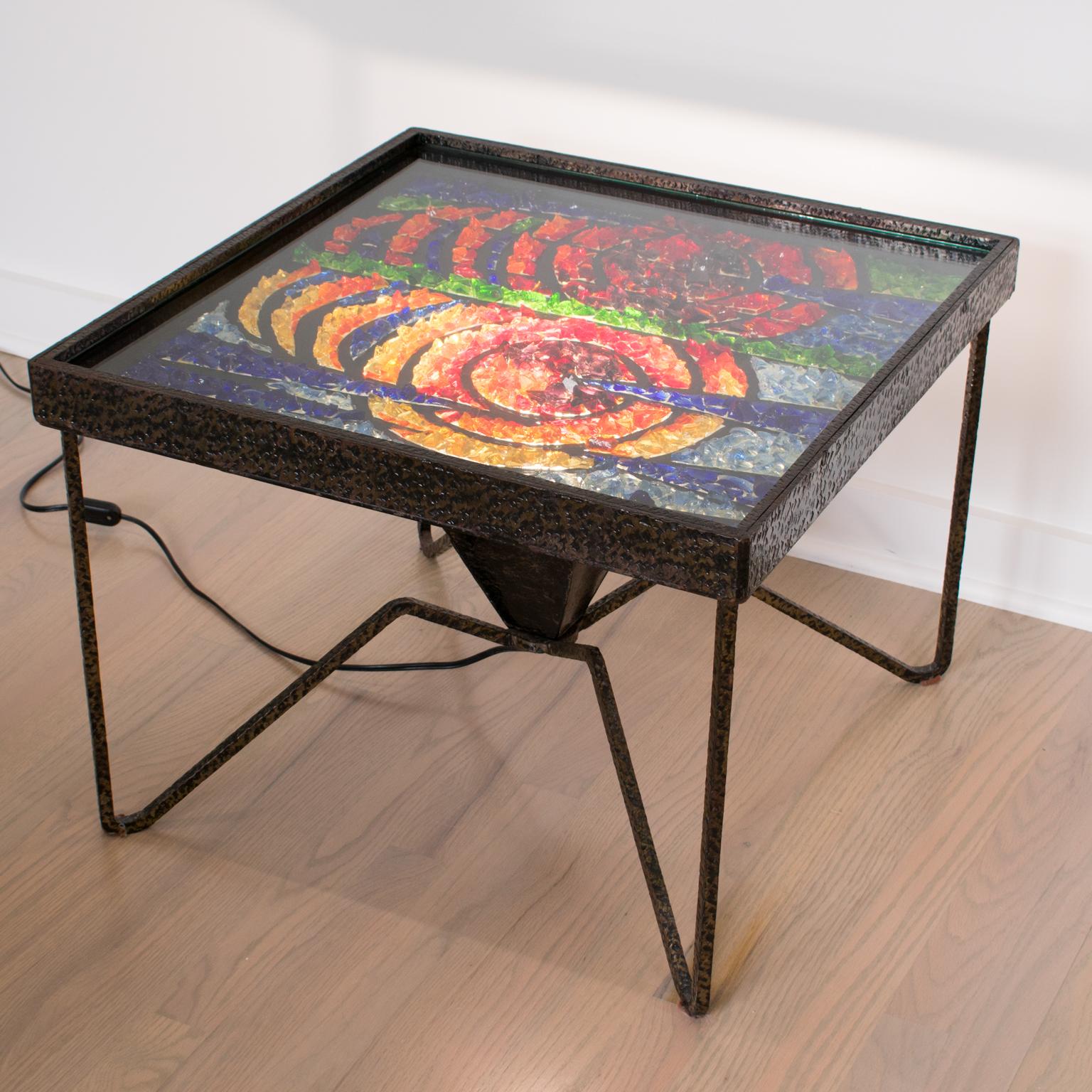 Mid-20th Century Modernist Wrought Iron and Glass Mosaic Coffee Side Table, circa 1960 For Sale