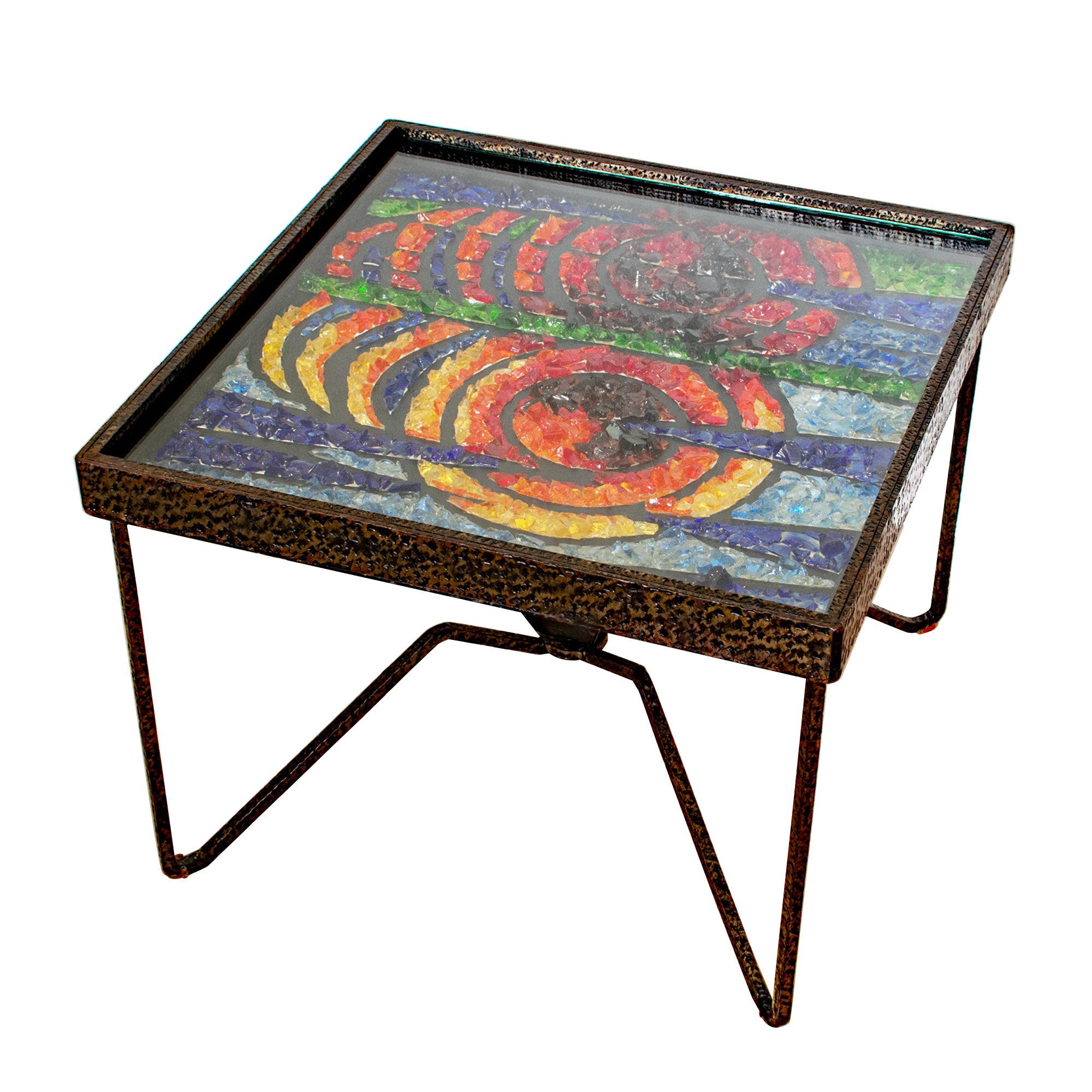 Modernist Wrought Iron and Glass Mosaic Coffee Side Table, circa 1960 For Sale