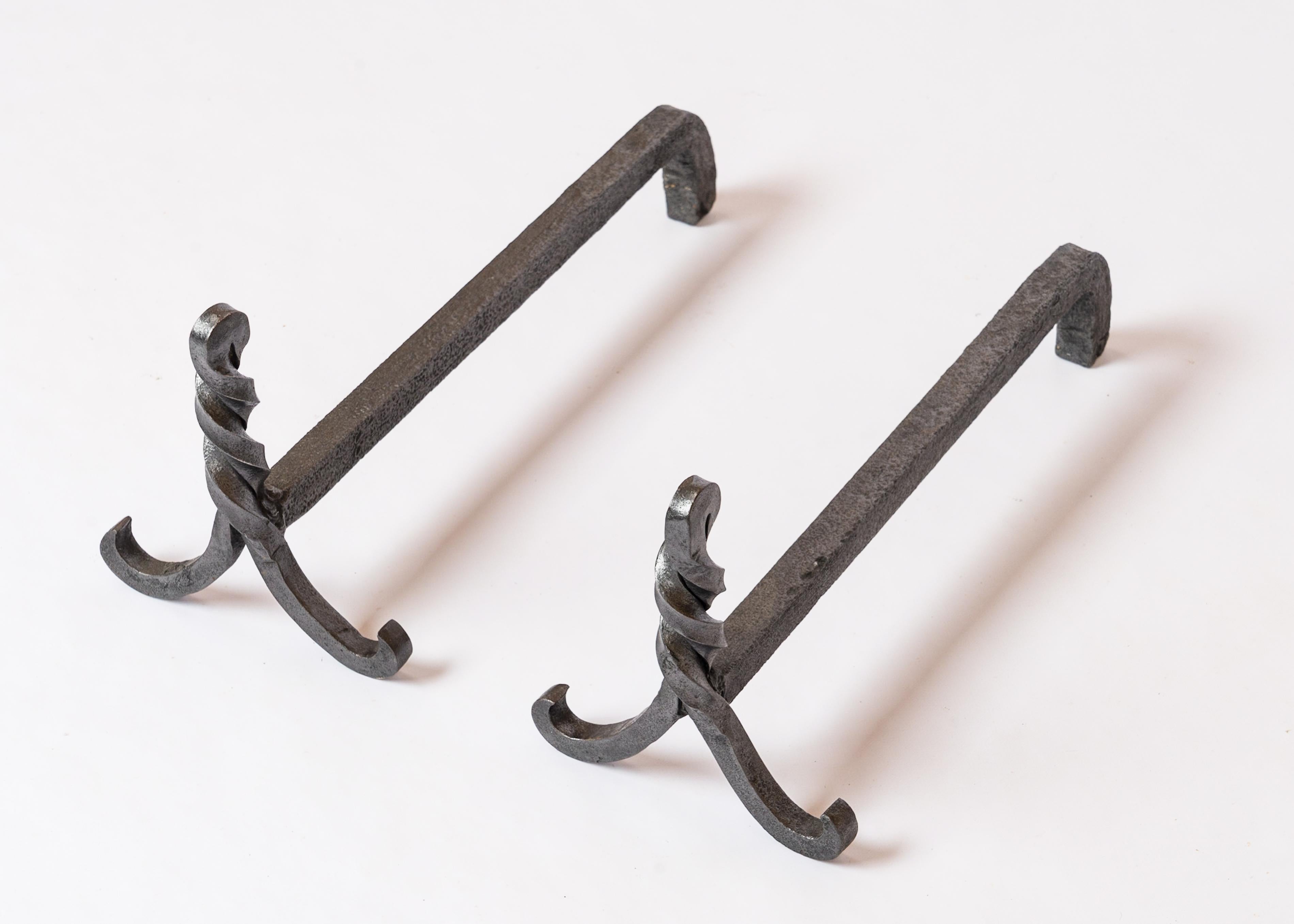 Mid-20th Century Modernist Wrought Iron Andirons in style Edgard Brandt - France 1960's For Sale