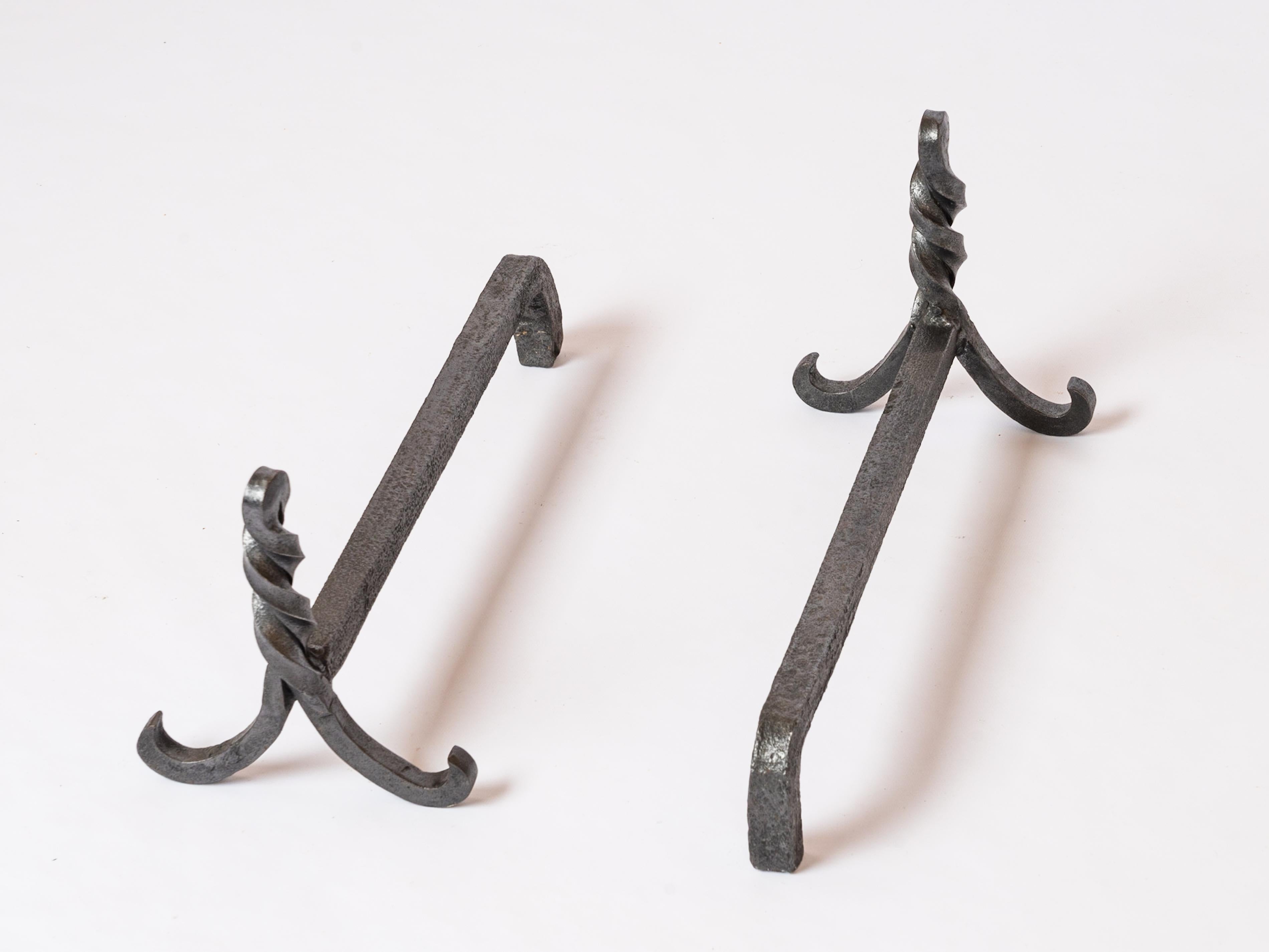 Modernist Wrought Iron Andirons in style Edgard Brandt - France 1960's For Sale 1