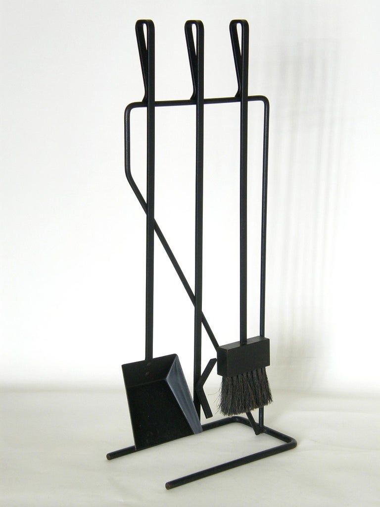 Modernist Wrought Iron Fireplace Fire Tools Set on Cantilevered Stand