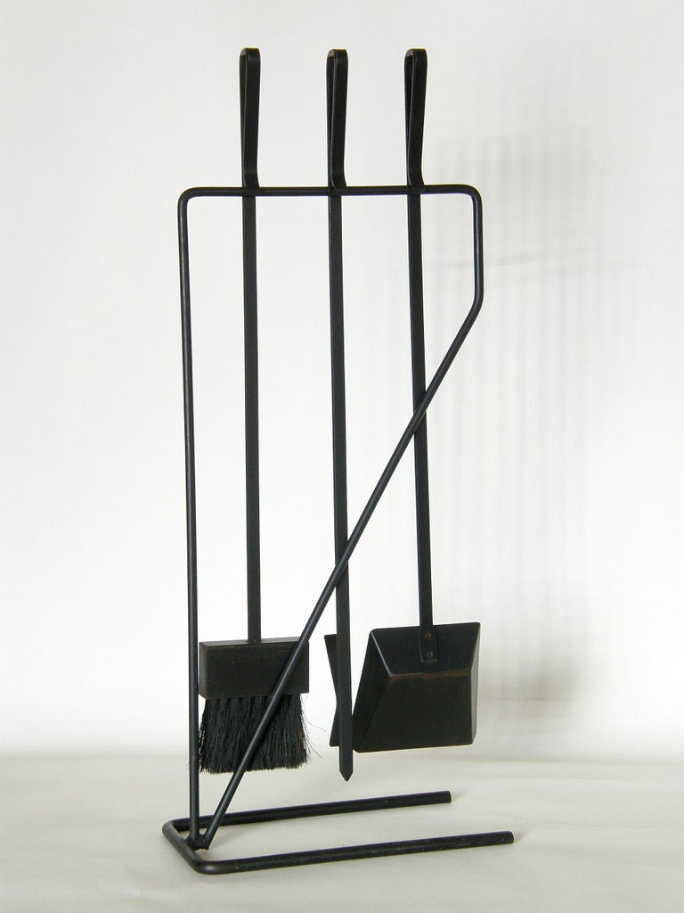 Modernist Wrought Iron Fireplace Fire Tools Set on Cantilevered Stand