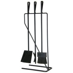 Modernist Wrought Iron Fireplace Fire Tools Set on Cantilevered Stand