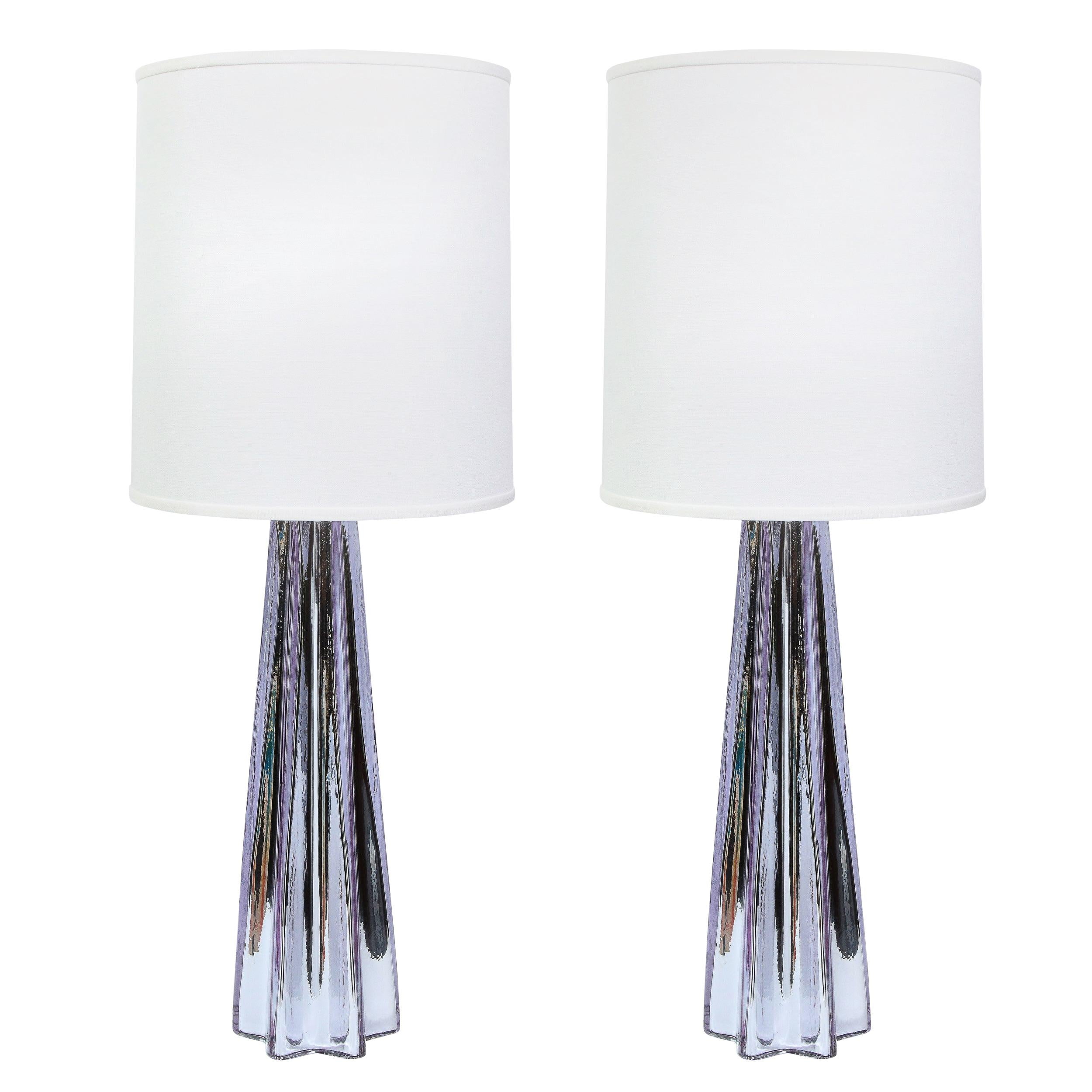 Modernist X-Form Lavender Hand Blown Murano Mercury Glass Table Lamps