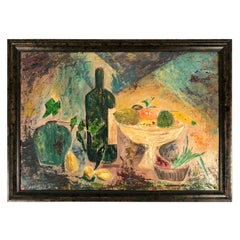 Modernist Yellow, Blue, Green, Orange Fruit Still Life Painting, circa 1959