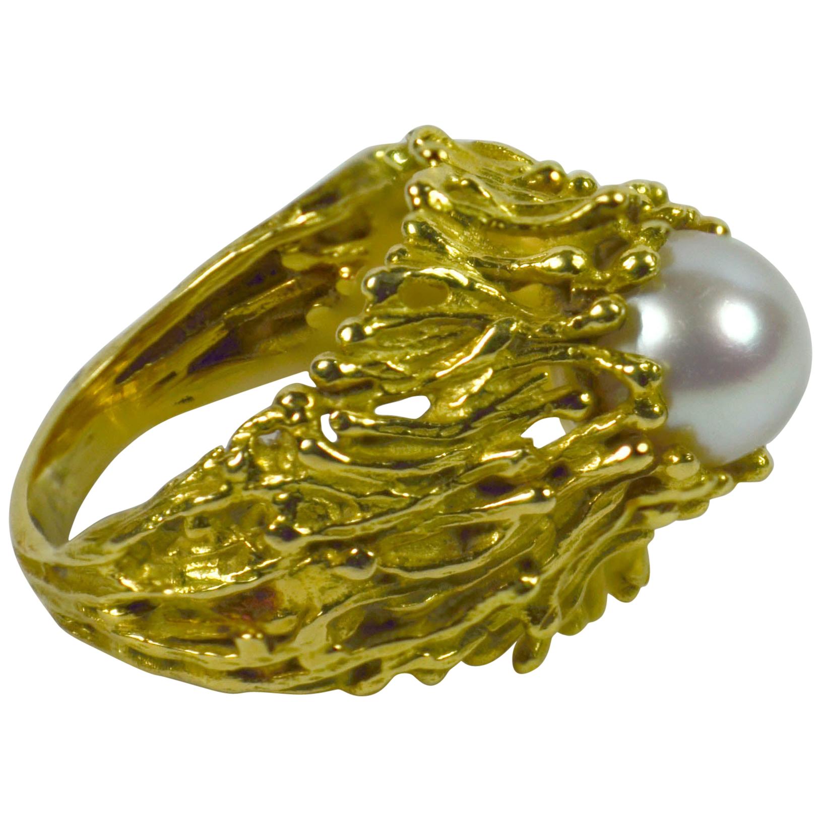 Modernist Yellow Gold White Pearl Ring