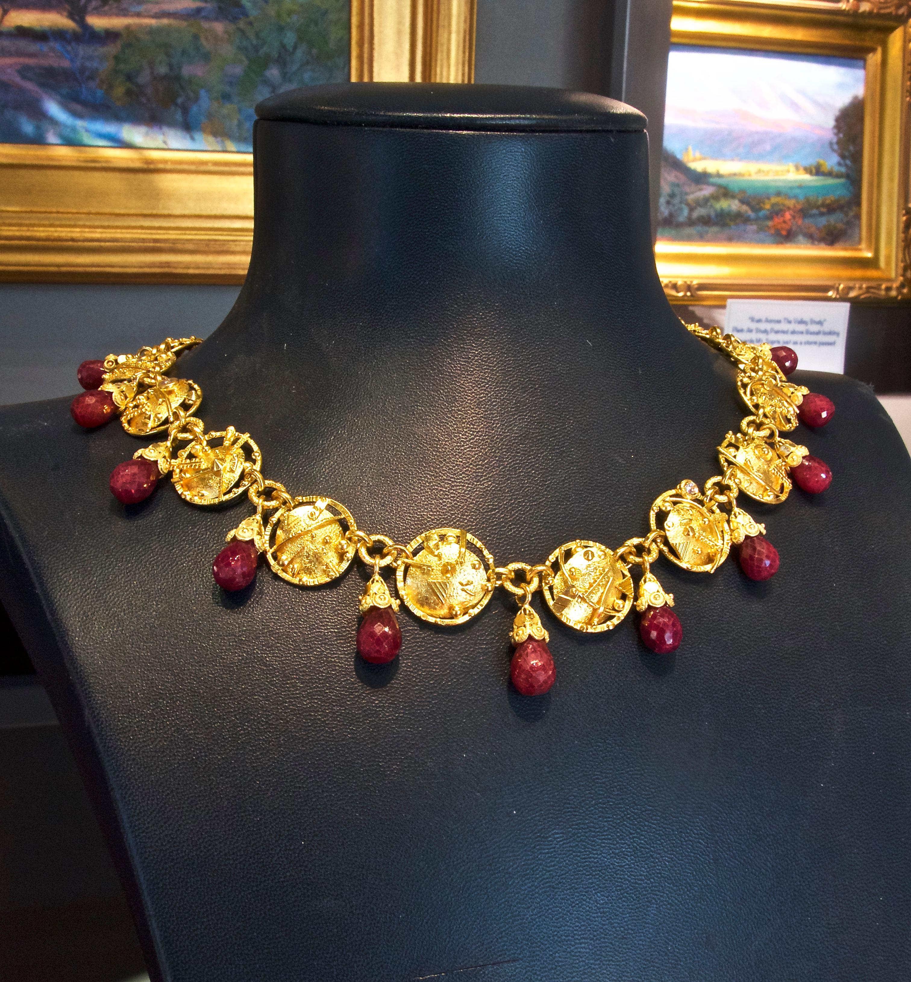 Modernistic Gold Necklace with Rubies and Diamonds In Excellent Condition In Aspen, CO