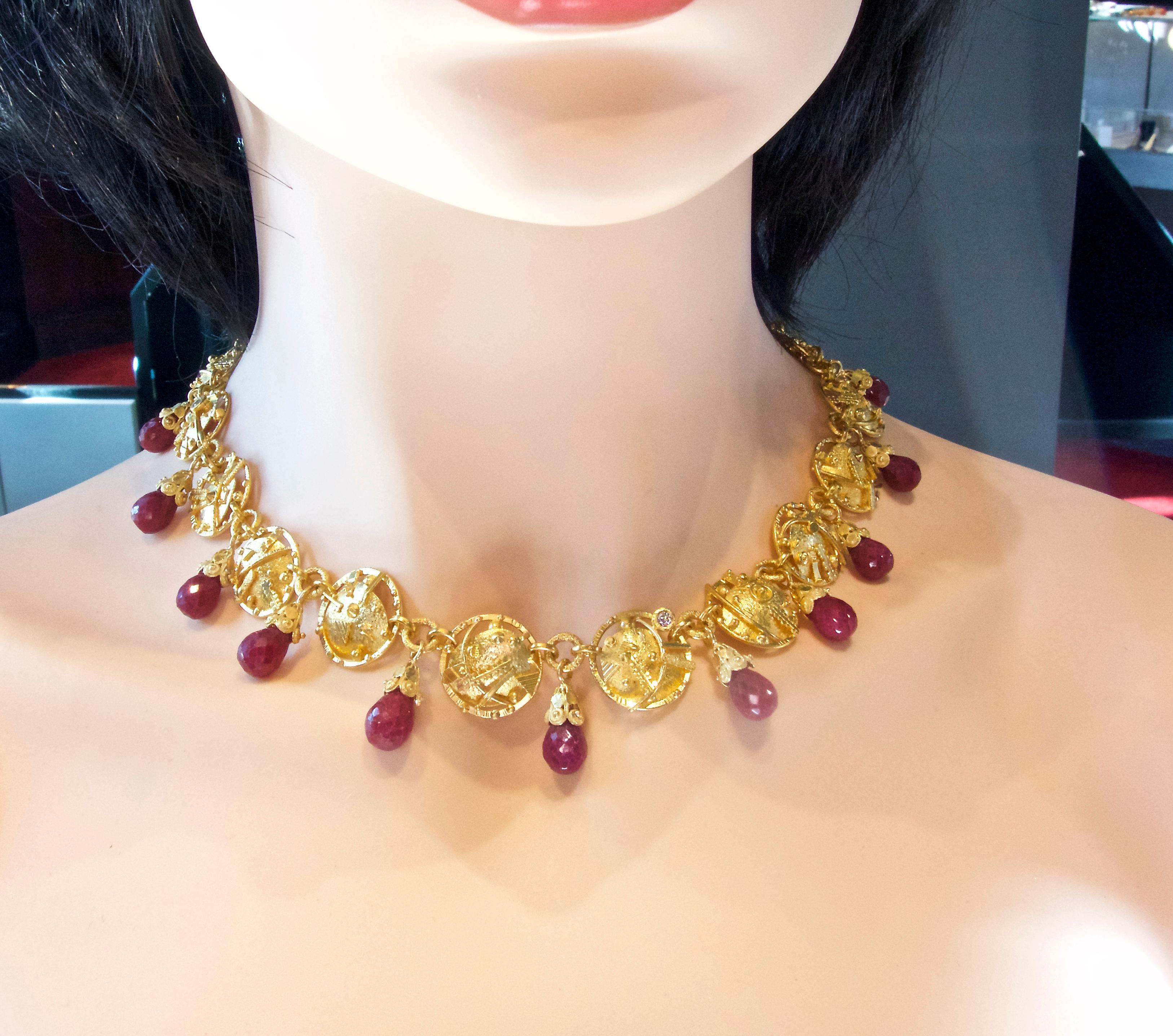Women's or Men's Modernistic Gold Necklace with Rubies and Diamonds
