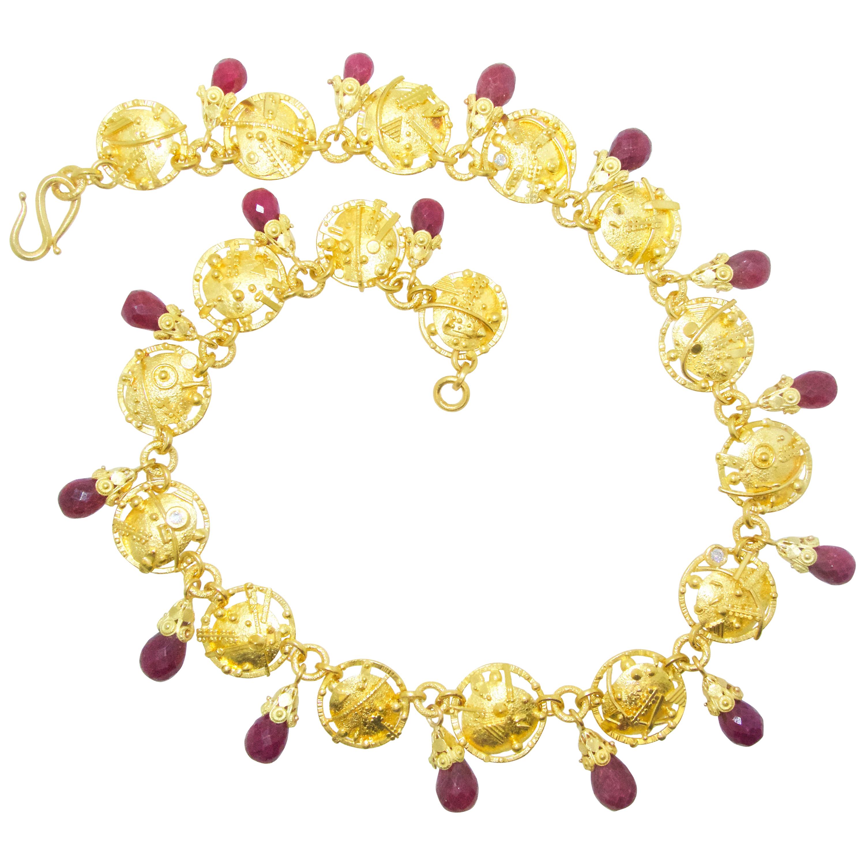 Modernistic Gold Necklace with Rubies and Diamonds