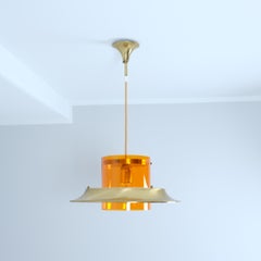 Modernistic Kai Ruokonen Ceiling Pendant in Brass and Orange, Finland 1970s
