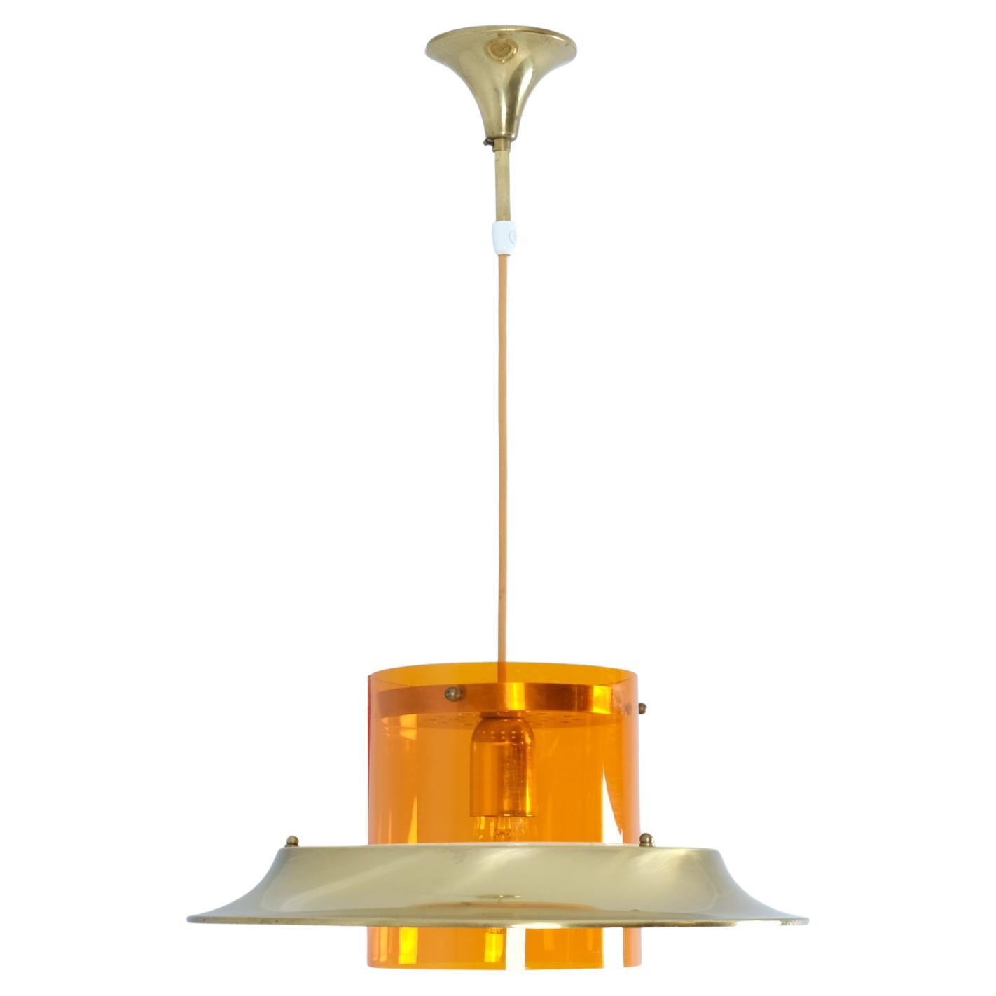 Colgante de techo modernista Kai Ruokonen en latón y naranja, Finlandia Años 70