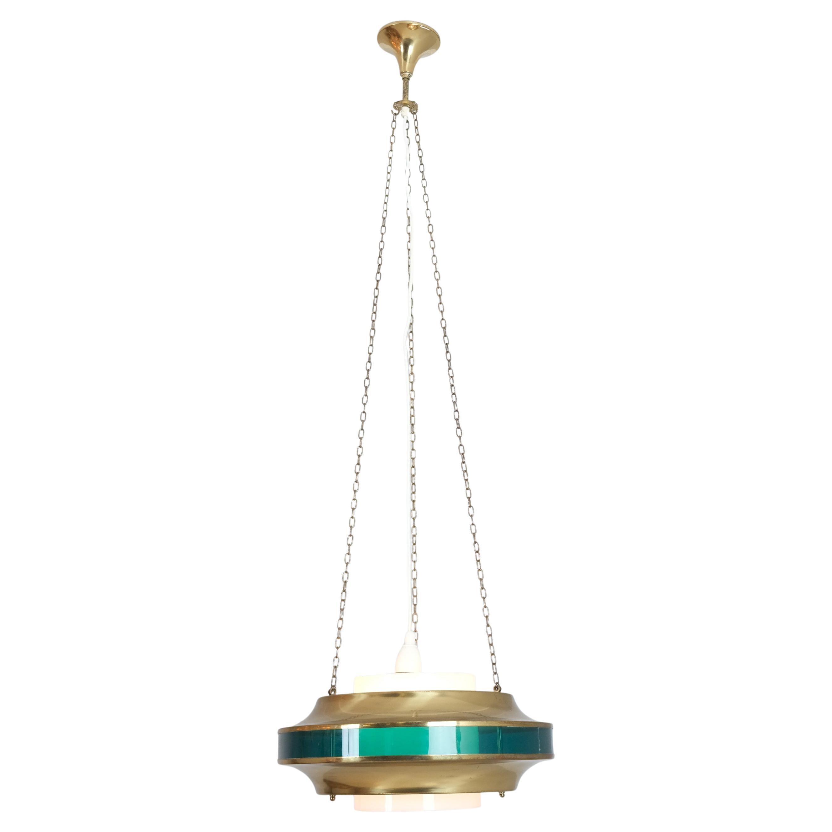 Modernistic Kai Ruokonen Ceiling Pendant in Brass, White
Green, Finland 1970s