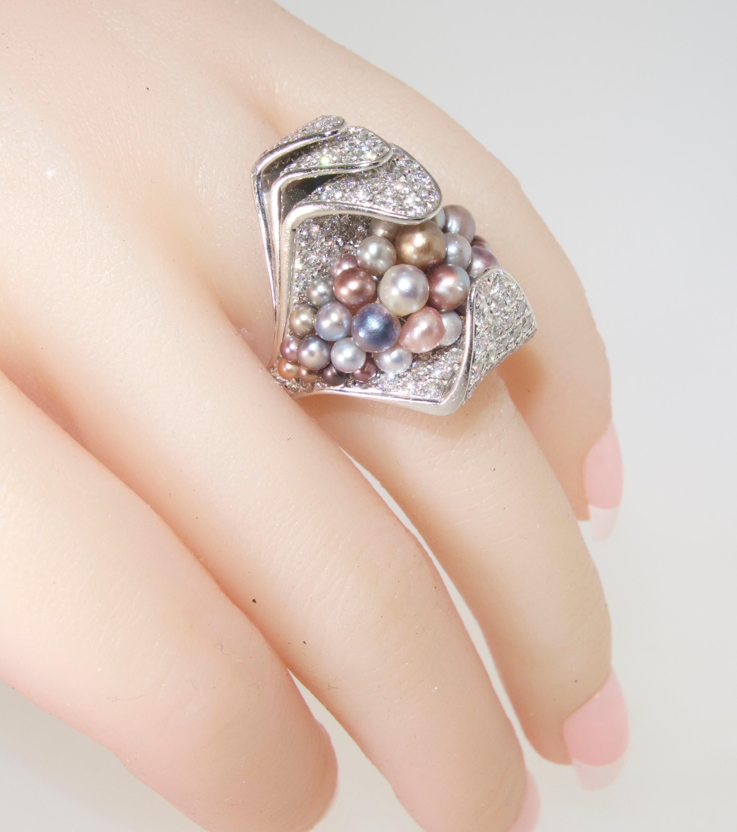 Women's or Men's Modernistic Natural Multi-Color Pearl and Diamond Ring
