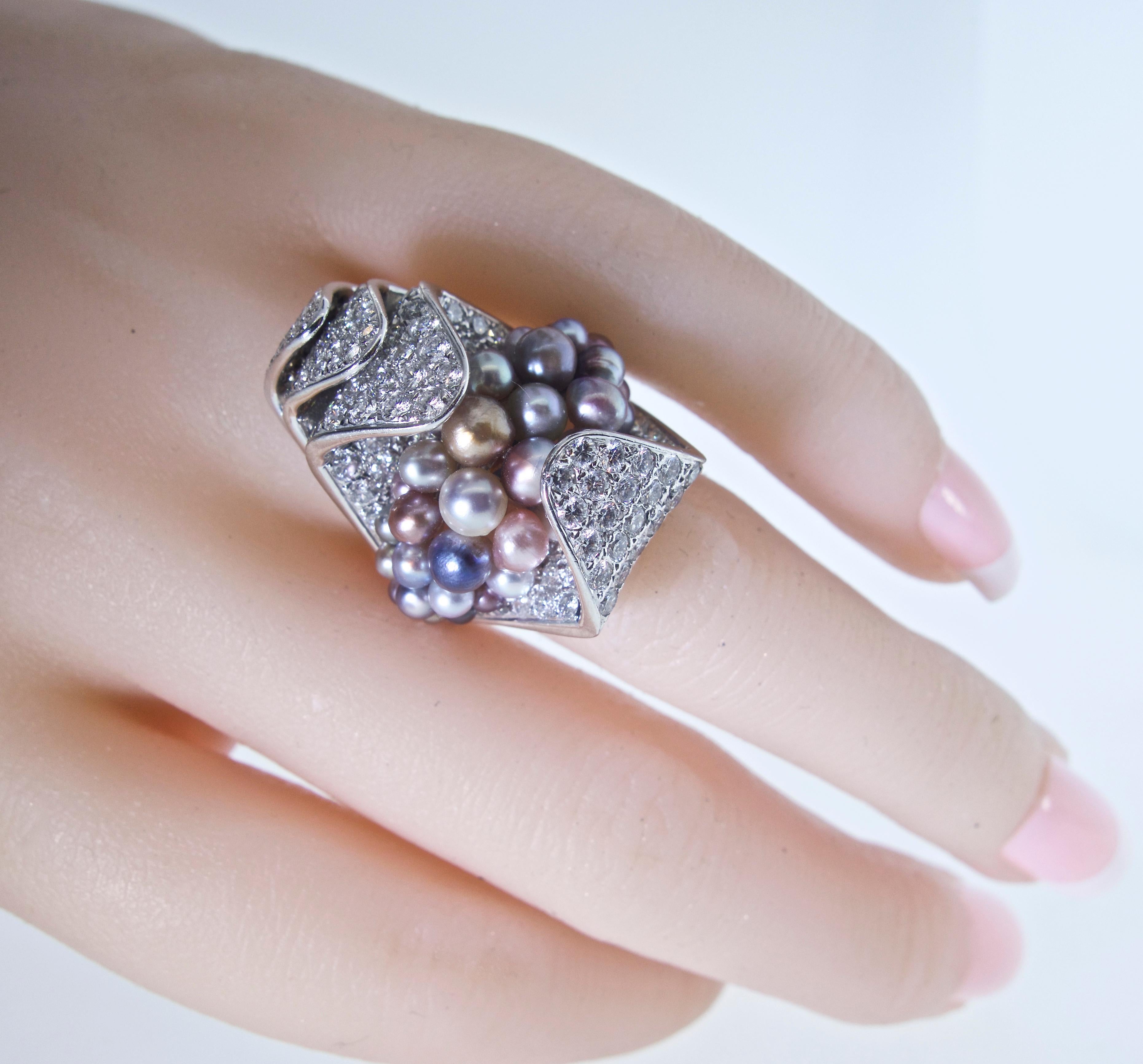 Modernistic Natural Multi-Color Pearl and Diamond Ring 1