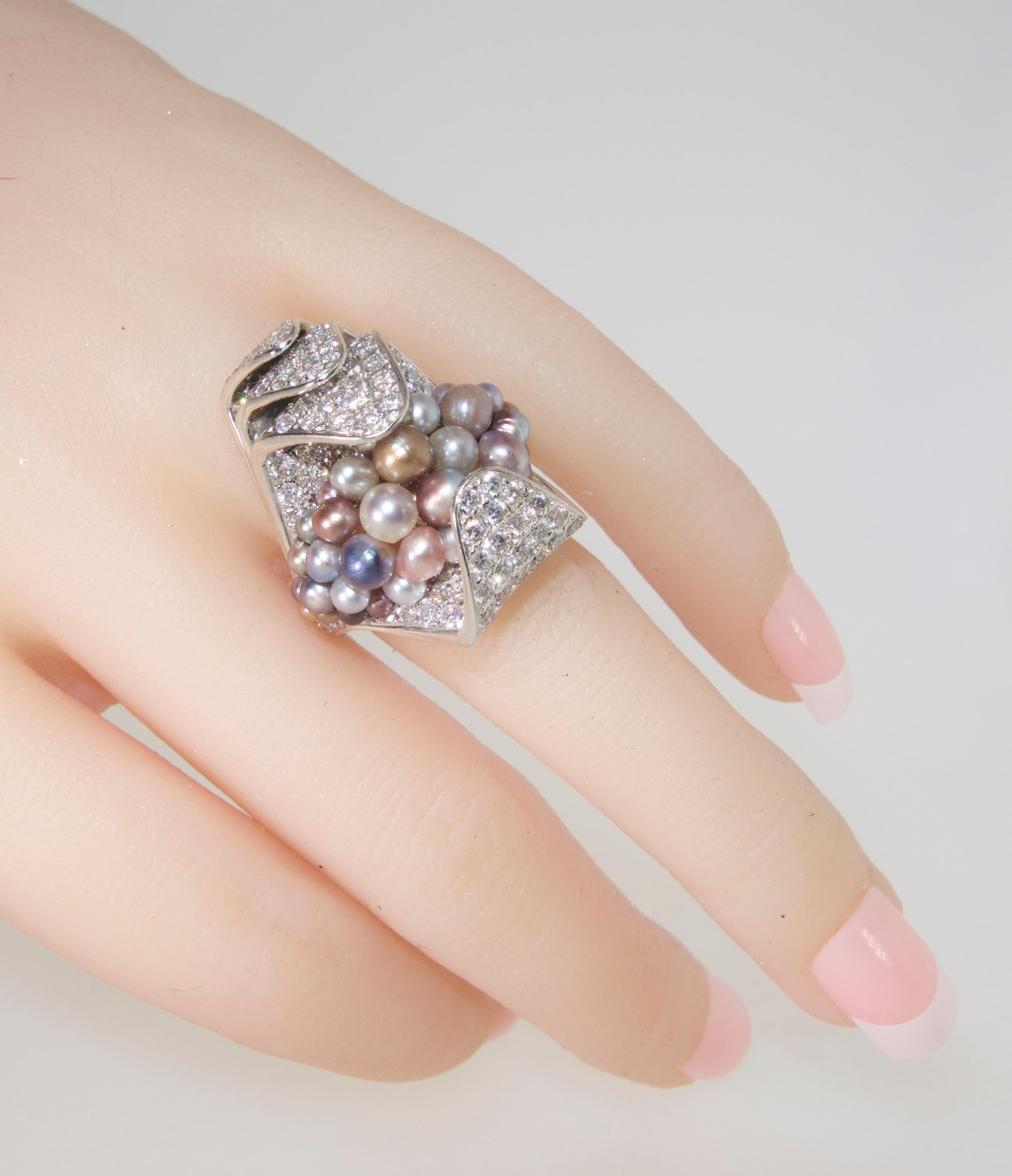 Modernistic Natural Multi-Color Pearl and Diamond Ring 6