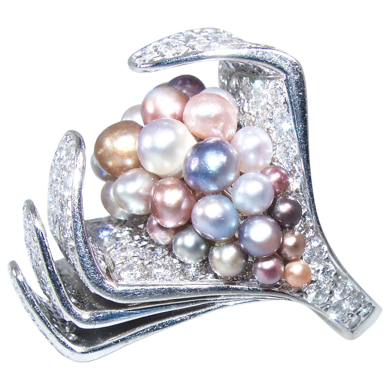 Modernistic Natural Multi-Color Pearl and Diamond Ring