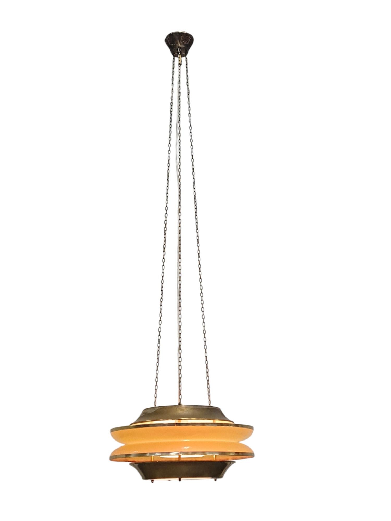 Modernistic Slatted Kai Ruokonen Ceiling Pendant in Brass and Beige, Lynx 1970s 11