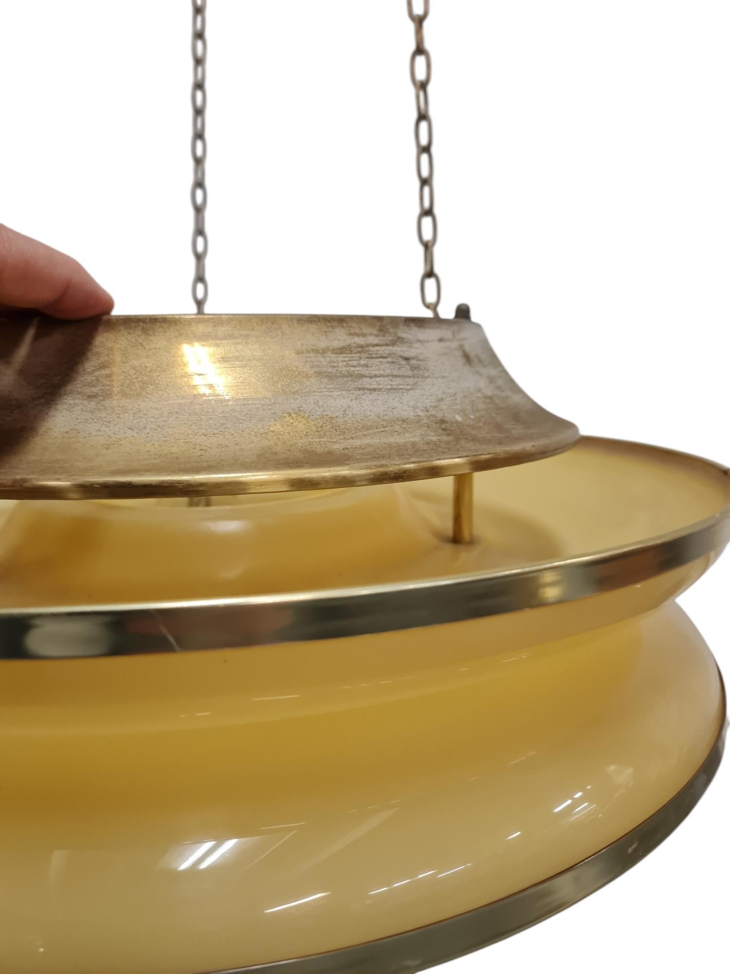 Space Age Modernistic Slatted Kai Ruokonen Ceiling Pendant in Brass and Beige, Lynx 1970s