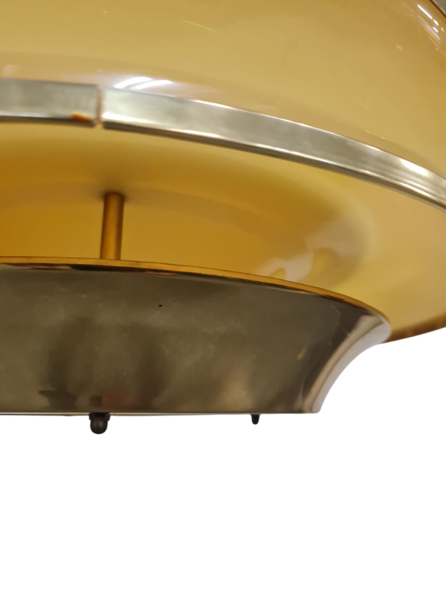 Finnish Modernistic Slatted Kai Ruokonen Ceiling Pendant in Brass and Beige, Lynx 1970s