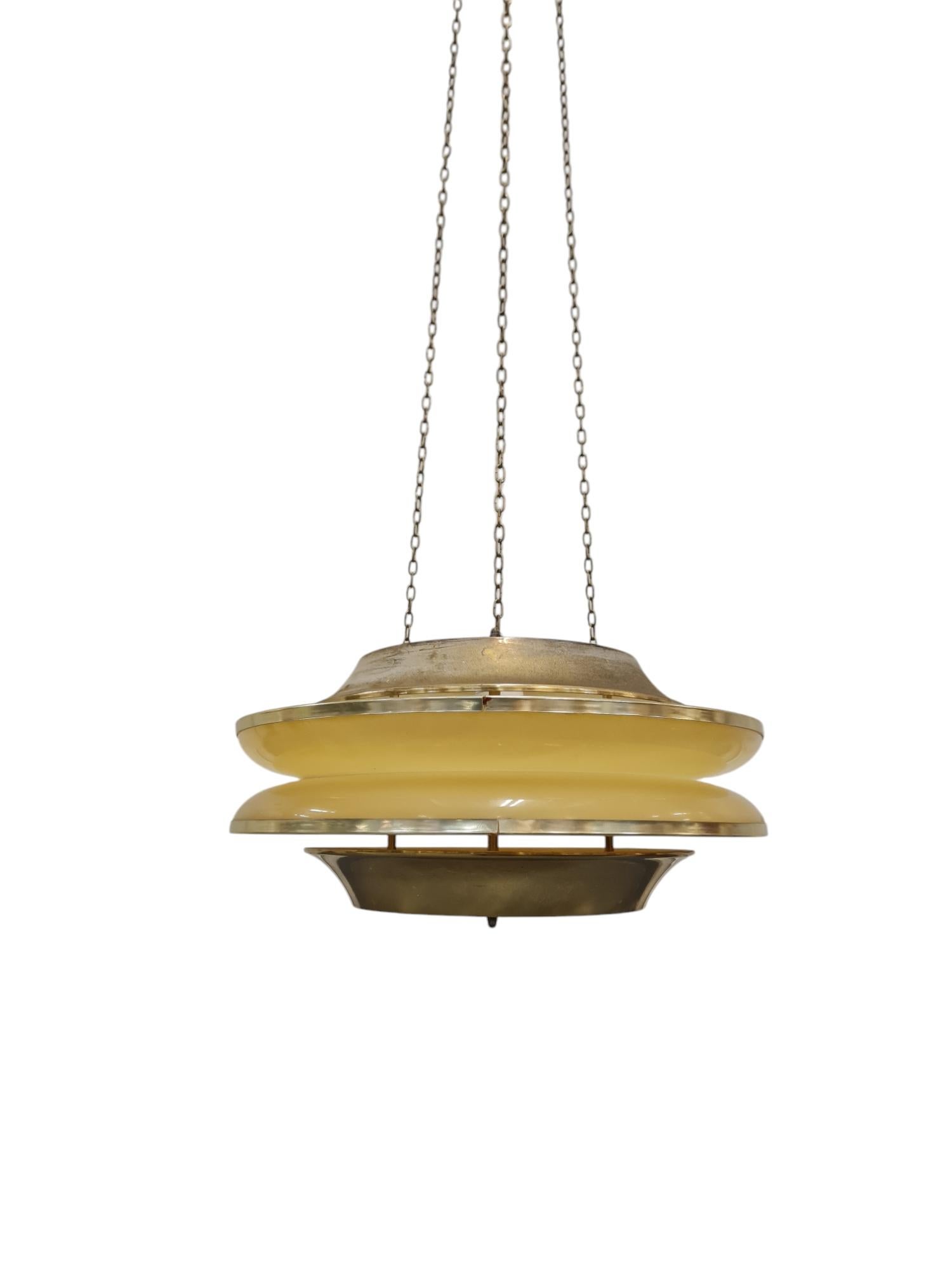 Late 20th Century Modernistic Slatted Kai Ruokonen Ceiling Pendant in Brass and Beige, Lynx 1970s