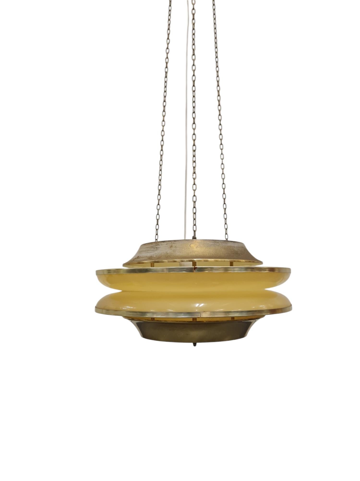 Modernistic Slatted Kai Ruokonen Ceiling Pendant in Brass and Beige, Lynx 1970s 1