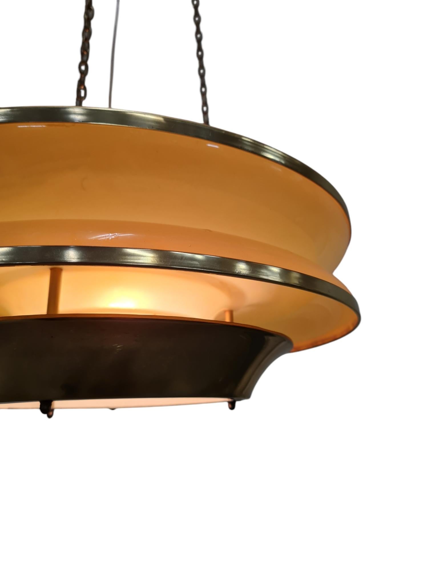Modernistic Slatted Kai Ruokonen Ceiling Pendant in Brass and Beige, Lynx 1970s 2
