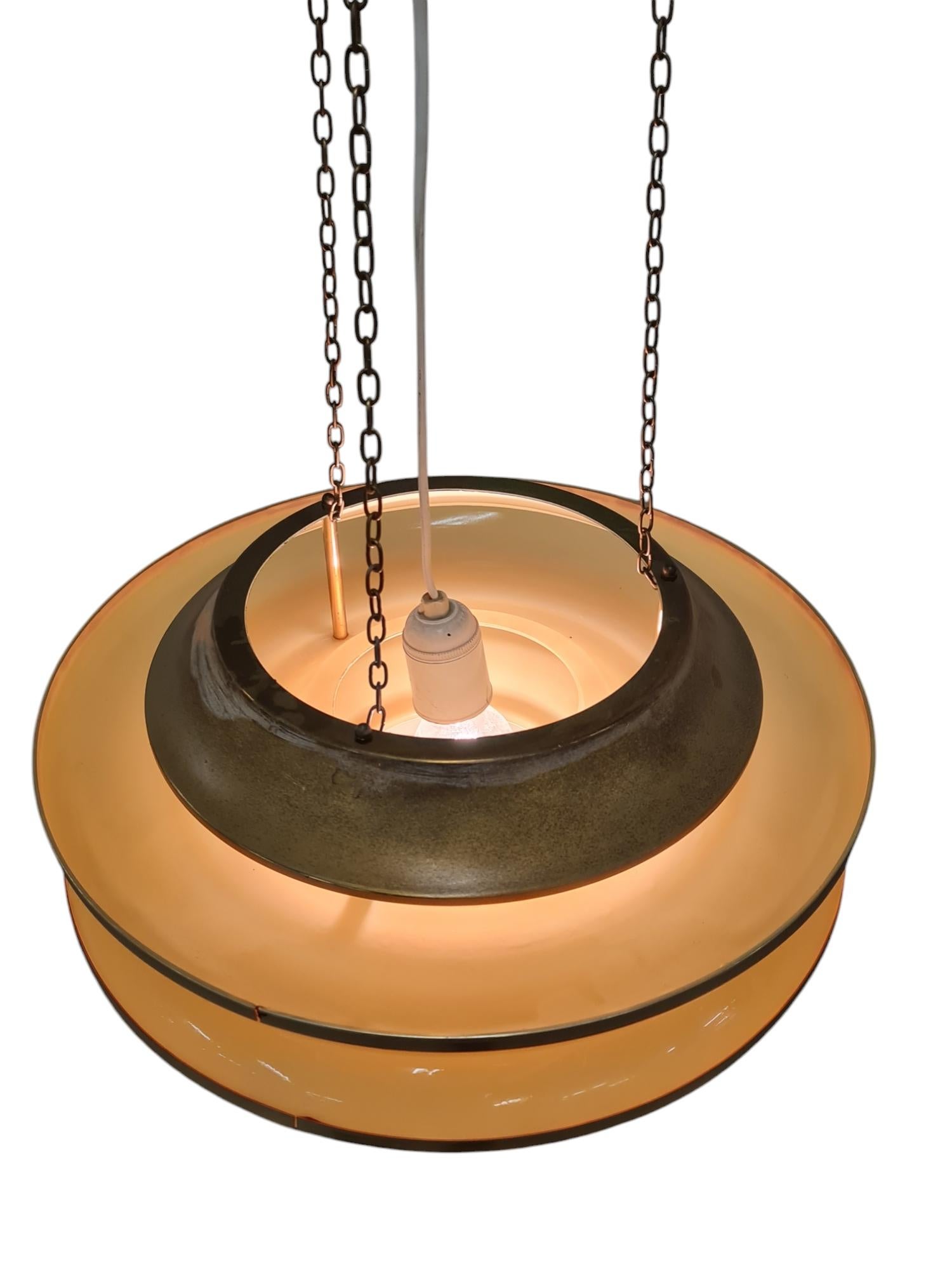 Modernistic Slatted Kai Ruokonen Ceiling Pendant in Brass and Beige, Lynx 1970s 3