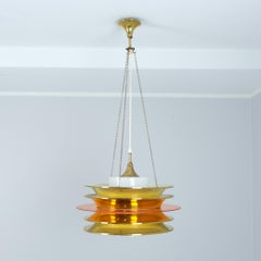 Modernistic Slatted Kai Ruokonen Ceiling Pendant in Brass & Orange, Lynx 1970s