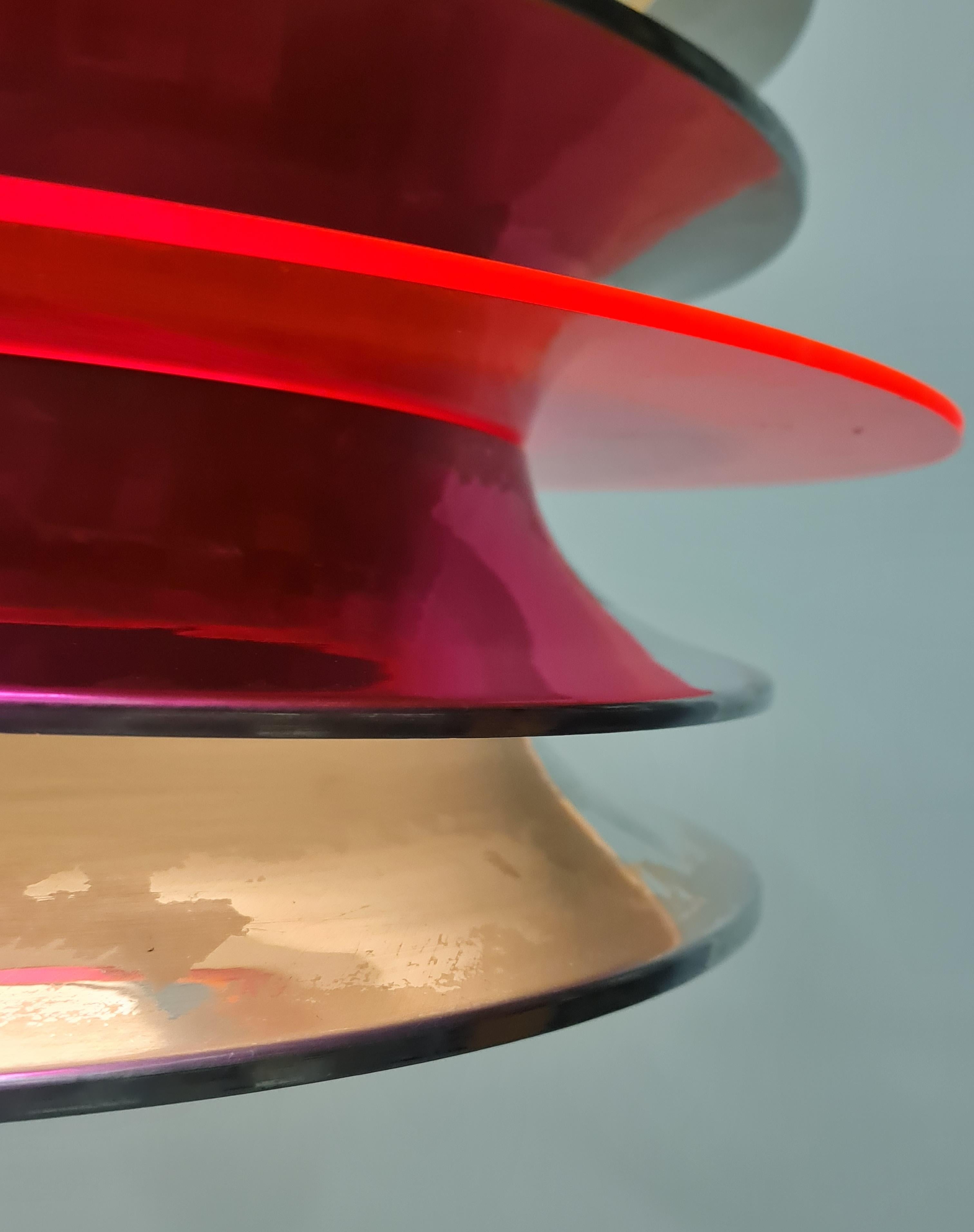 Modernistic Slatted Kai Ruokonen Ceiling Pendant in Silver and Red, Lynx 1970s For Sale 3