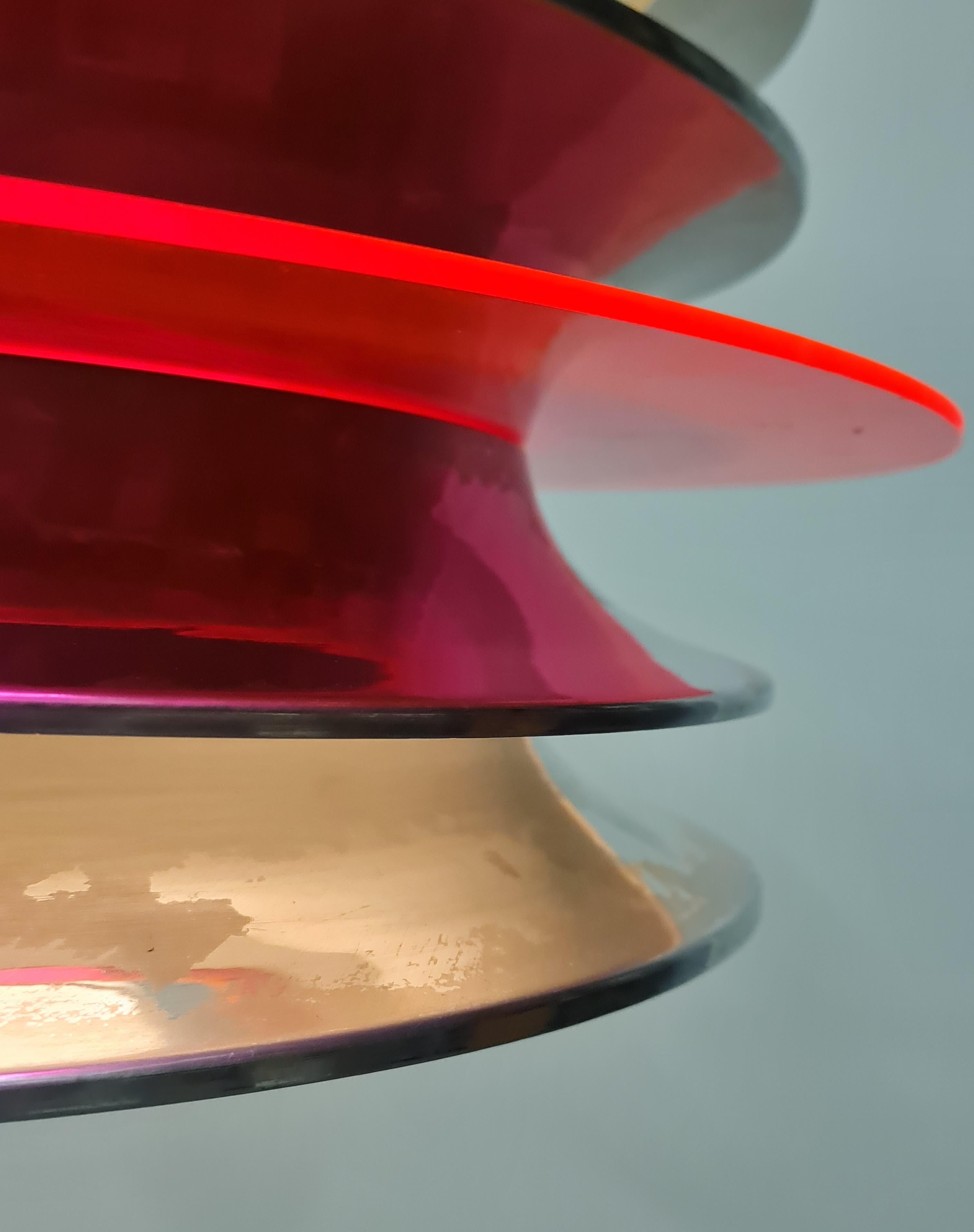 Modernistic Slatted Kai Ruokonen Ceiling Pendant in Silver and Red, Lynx 1970s For Sale 9